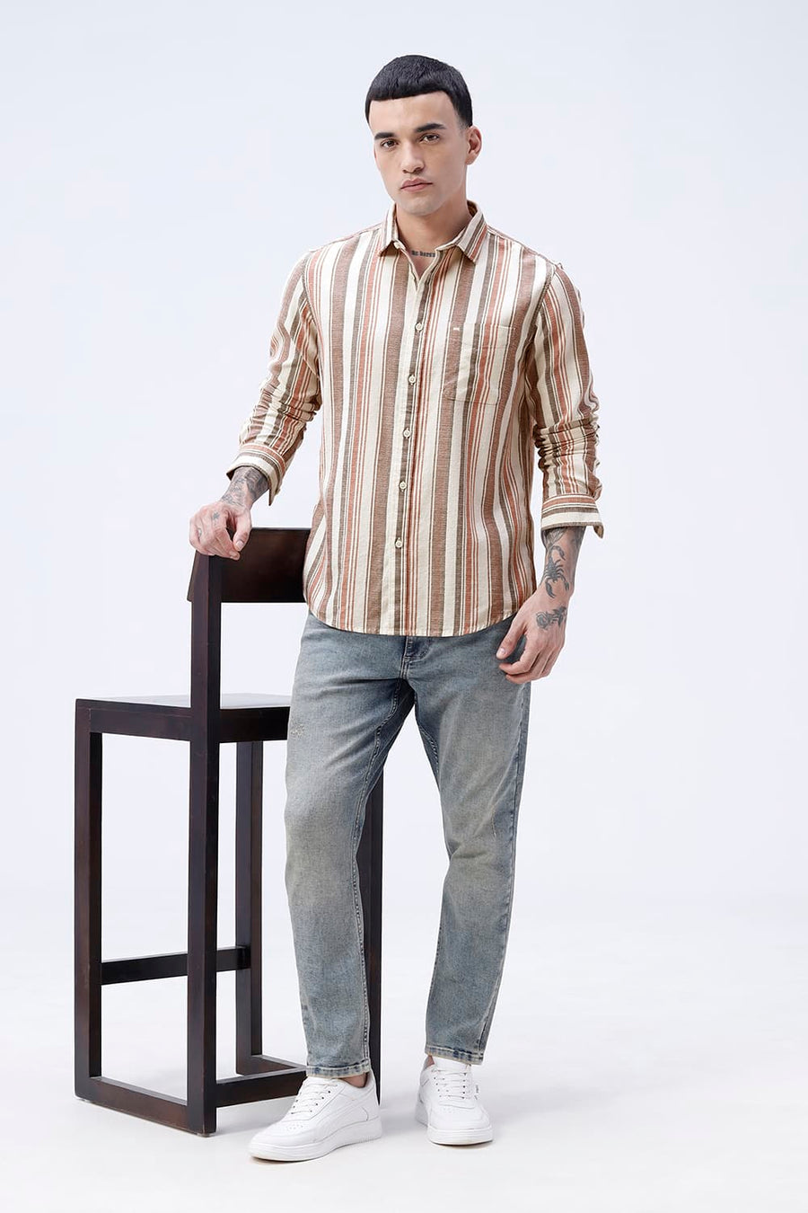 BASICS SLIM FIT BEIGE SAND COTTON HOPSACK STRIPE SHIRT