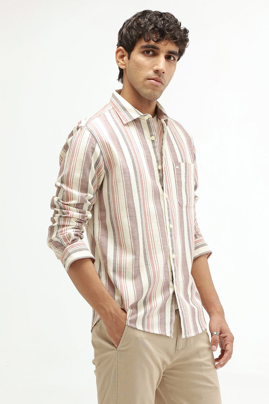 BASICS SLIM FIT BEIGE SAND COTTON HOPSACK STRIPE SHIRT