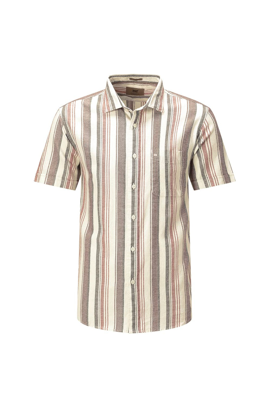 BASICS SLIM FIT BEIGE SAND COTTON HOPSACK STRIPE HALFSLEEVES SHIRT