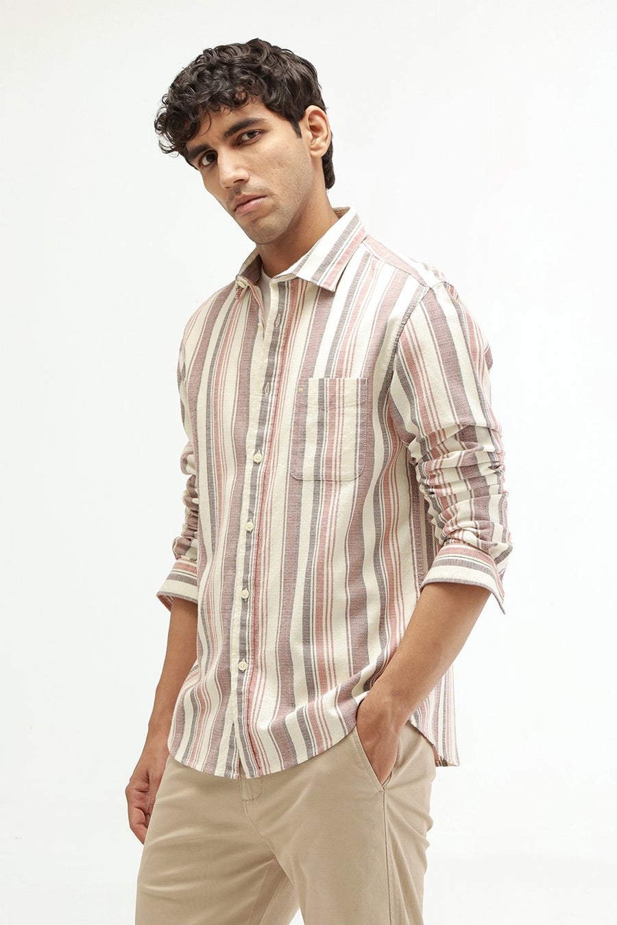 BASICS SLIM FIT BEIGE SAND COTTON HOPSACK STRIPE SHIRT