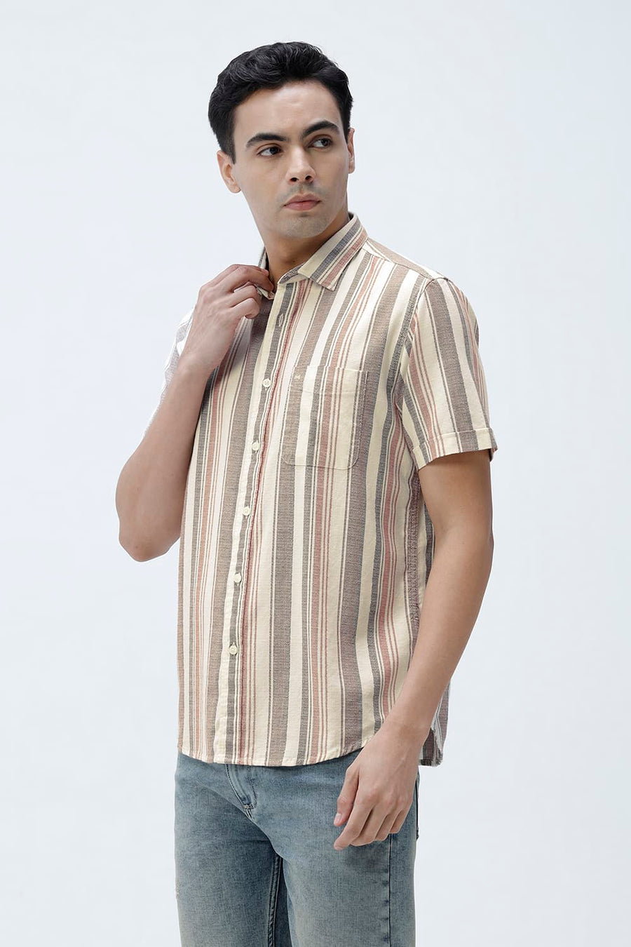 BASICS SLIM FIT BEIGE SAND COTTON HOPSACK STRIPE HALFSLEEVES SHIRT