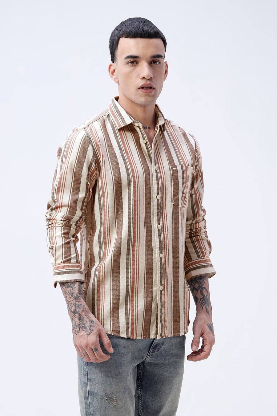 BASICS SLIM FIT BEIGE SAND COTTON HOPSACK STRIPE SHIRT