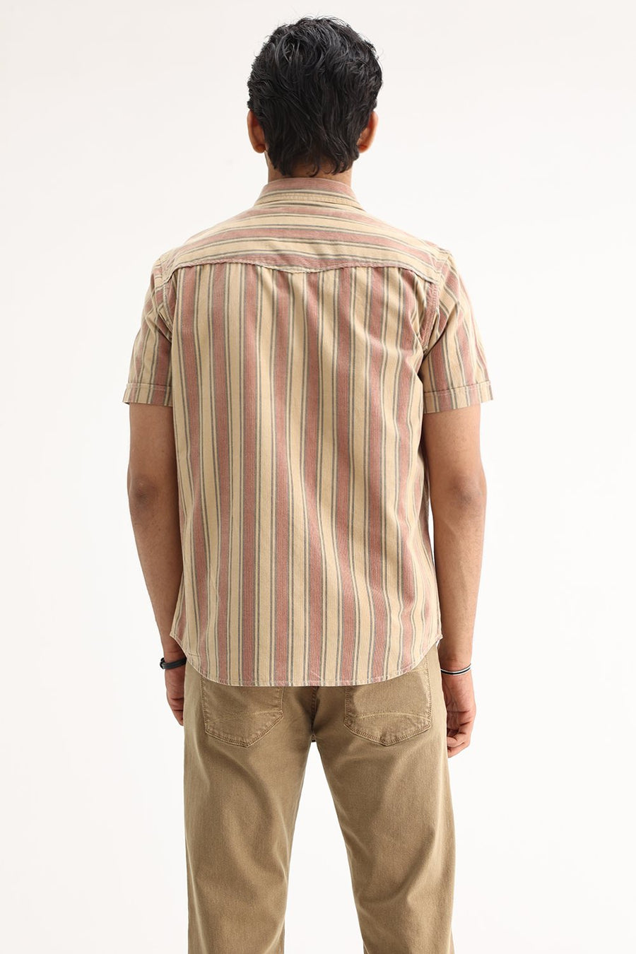 BASICS SLIM FIT SANDY BEIGE COTTON CORDUROY STRIPE SHIRT