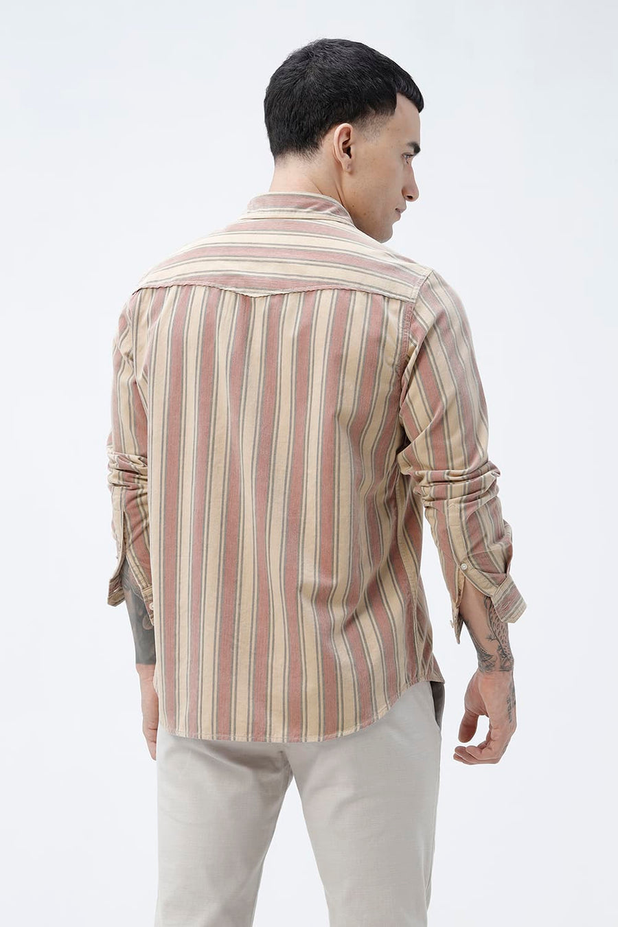 BASICS SLIM FIT SANDY BEIGE COTTON CORDUROY STRIPE SHIRT