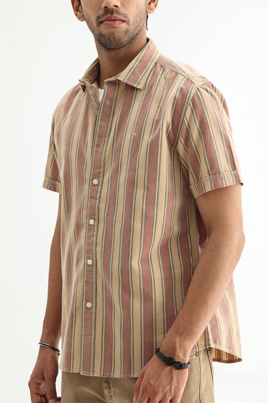 BASICS SLIM FIT SANDY BEIGE COTTON CORDUROY STRIPE SHIRT