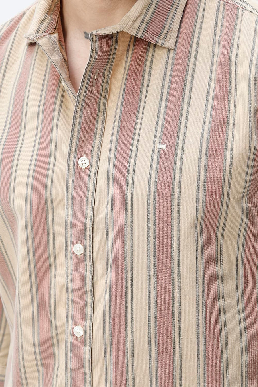 BASICS SLIM FIT SANDY BEIGE COTTON CORDUROY STRIPE SHIRT