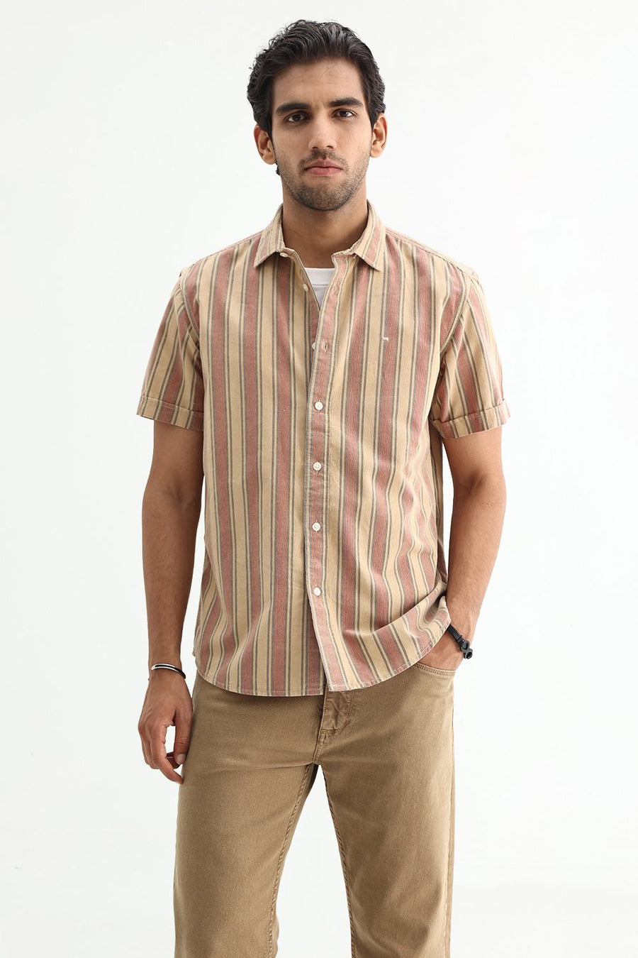 BASICS SLIM FIT SANDY BEIGE COTTON CORDUROY STRIPE SHIRT