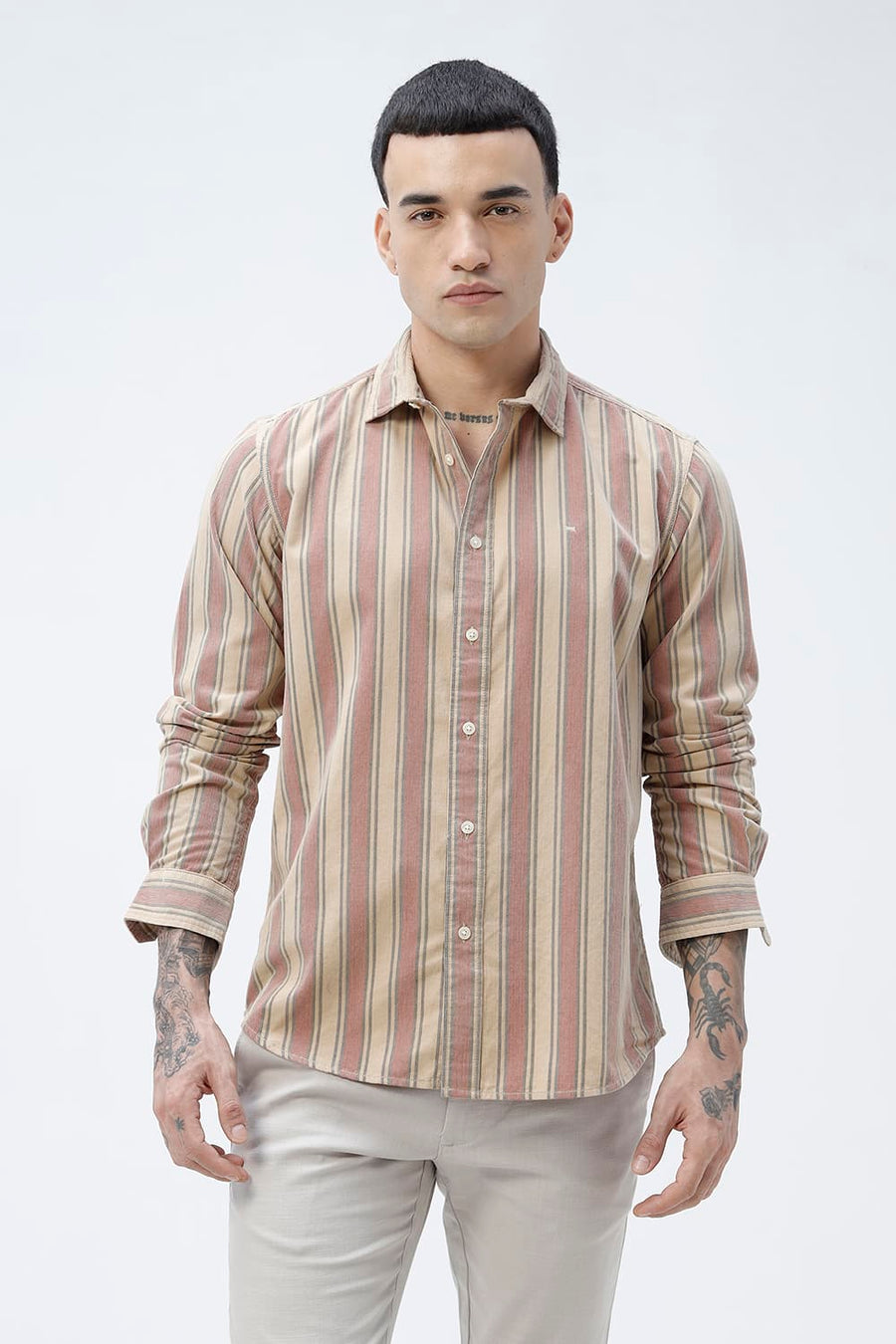 BASICS SLIM FIT SANDY BEIGE COTTON CORDUROY STRIPE SHIRT