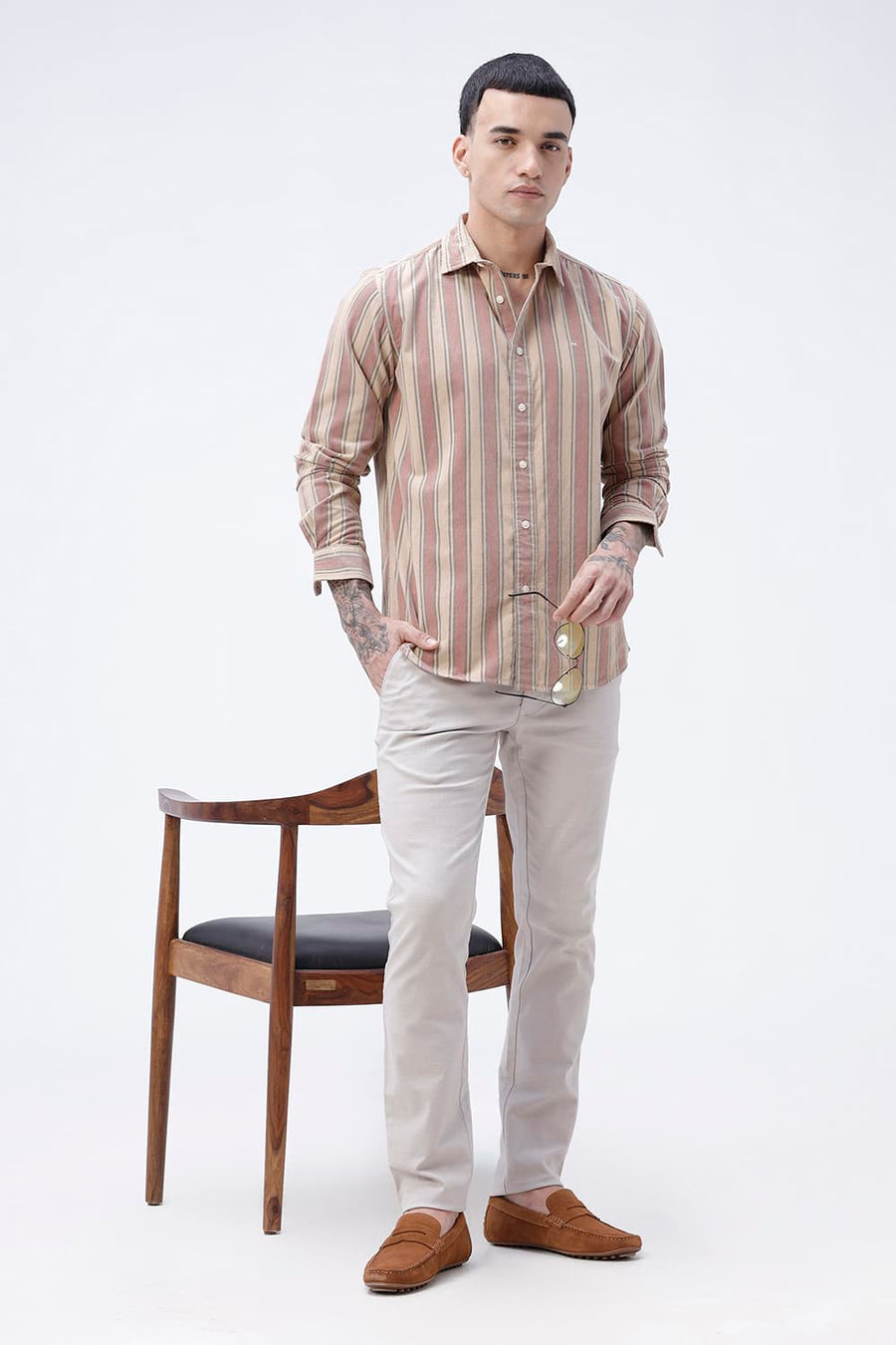 BASICS SLIM FIT SANDY BEIGE COTTON CORDUROY STRIPE SHIRT