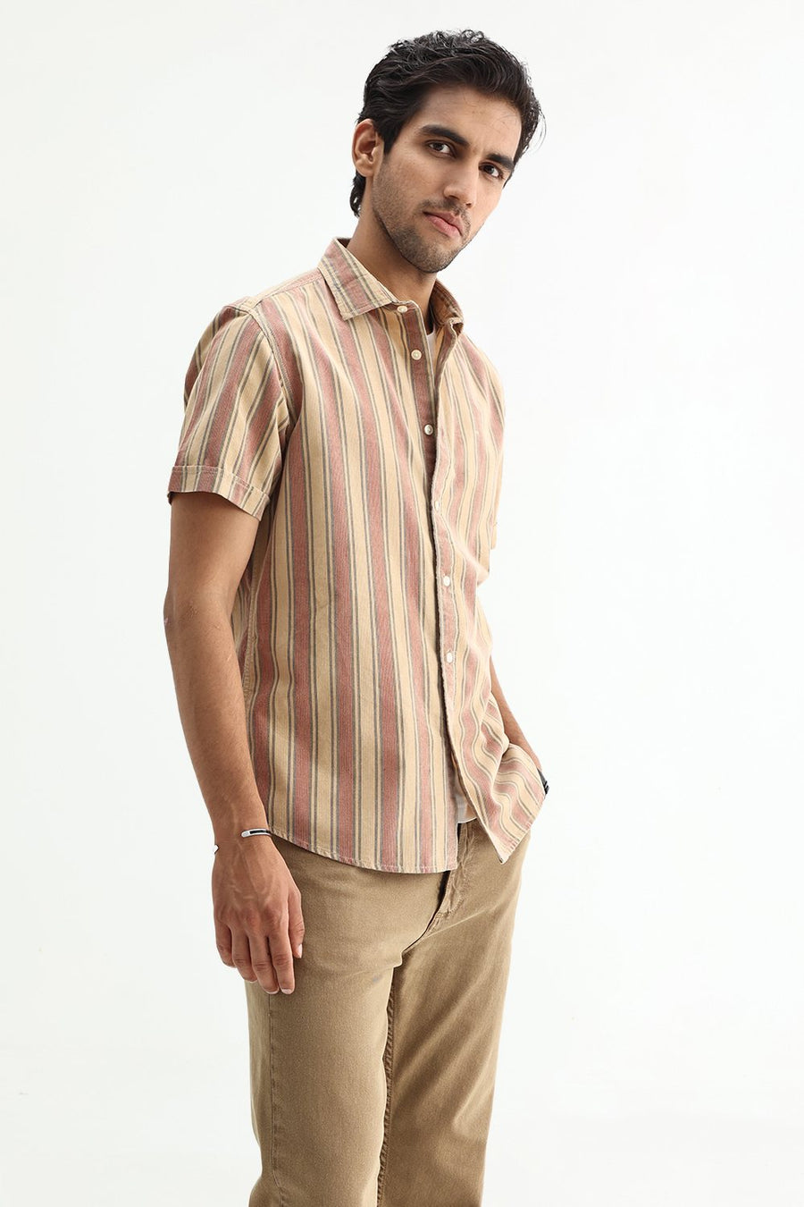 BASICS SLIM FIT SANDY BEIGE COTTON CORDUROY STRIPE SHIRT