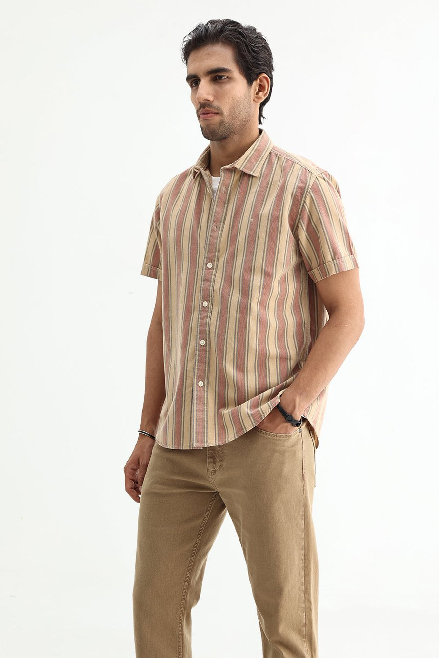 BASICS SLIM FIT SANDY BEIGE COTTON CORDUROY STRIPE SHIRT