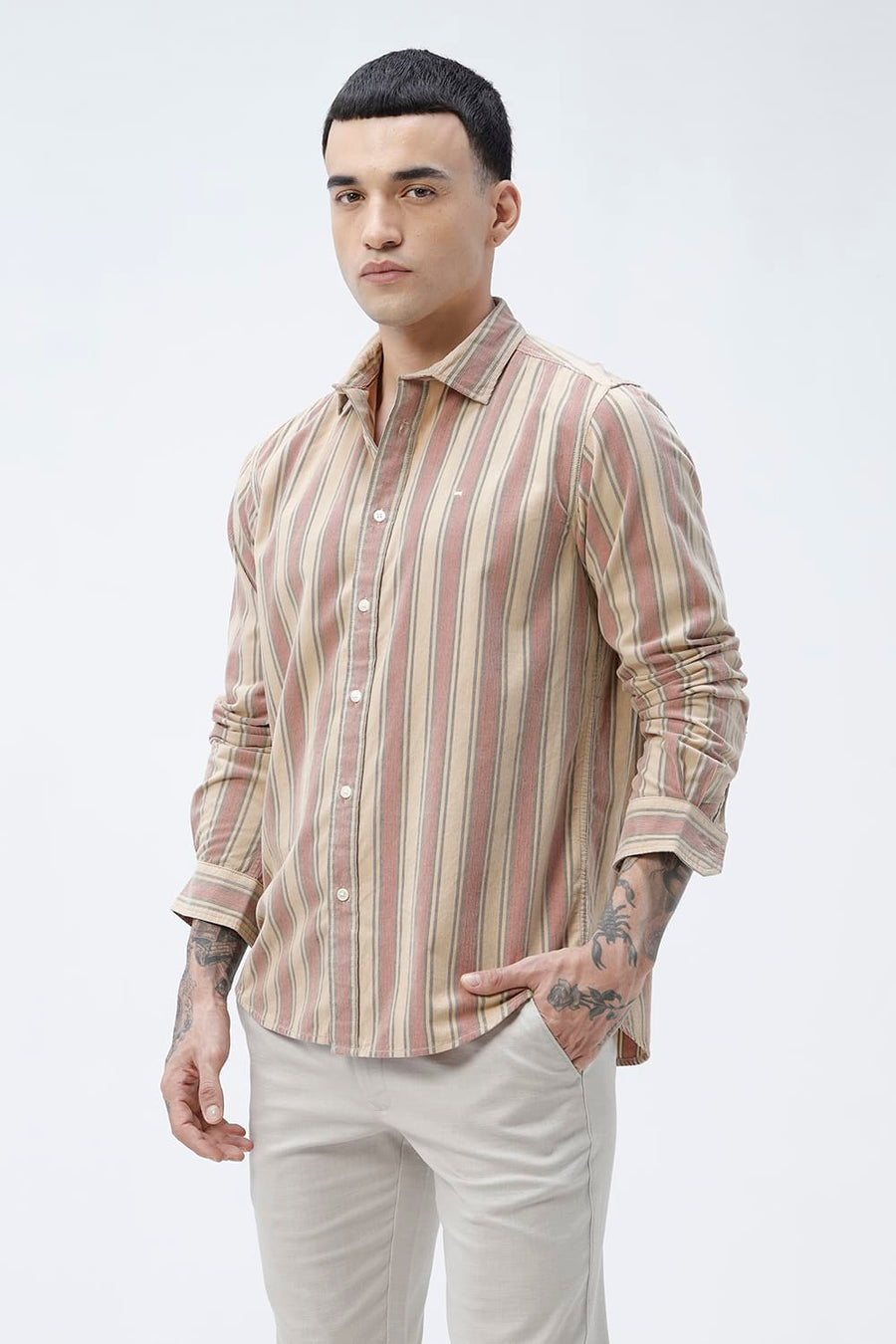 BASICS SLIM FIT SANDY BEIGE COTTON CORDUROY STRIPE SHIRT