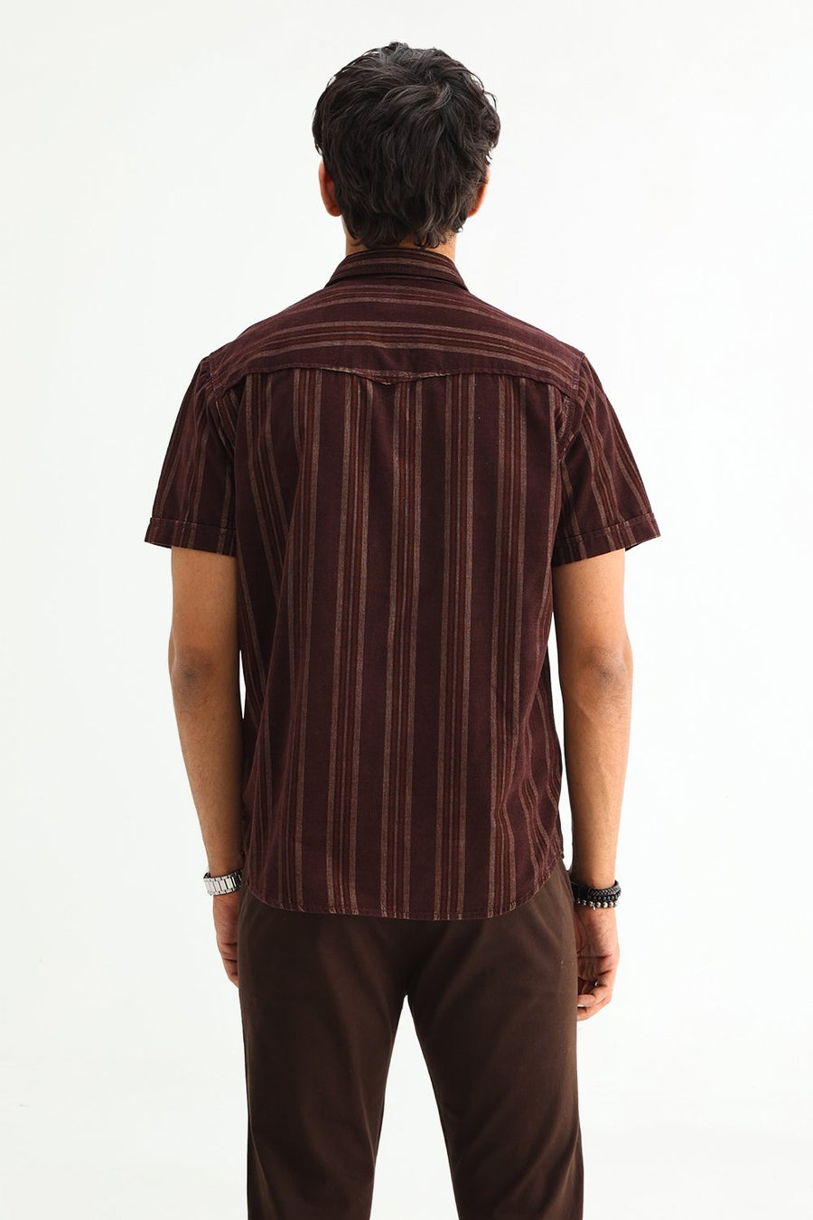 BASICS SLIM FIT CHOCOLATE BROWN COTTON CORDUROY STRIPE SHIRT