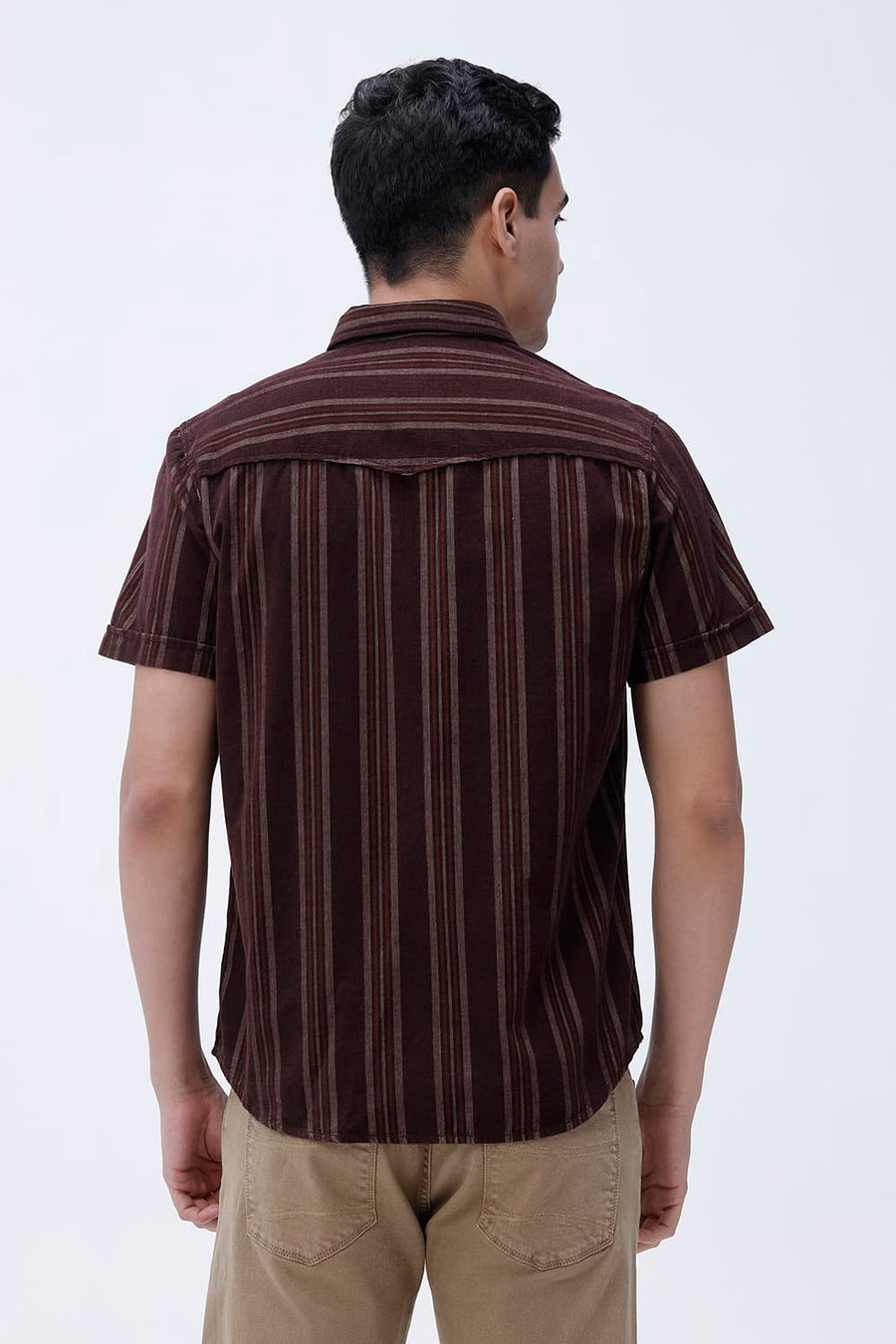 BASICS SLIM FIT CHOCOLATE BROWN COTTON CORDUROY STRIPE HALFSLEEVES SHIRT
