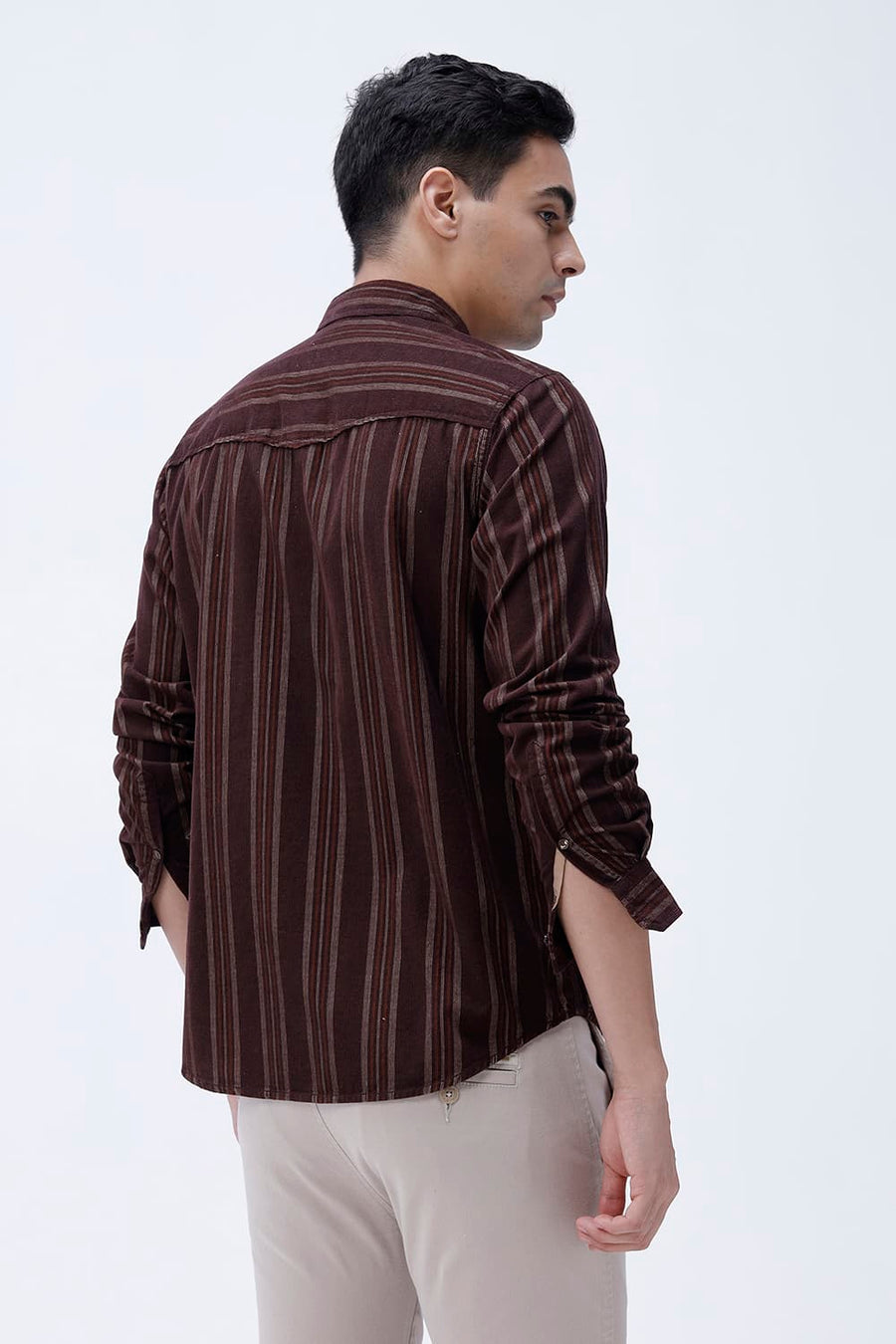 BASICS SLIM FIT CHOCOLATE BROWN COTTON CORDUROY STRIPE SHIRT