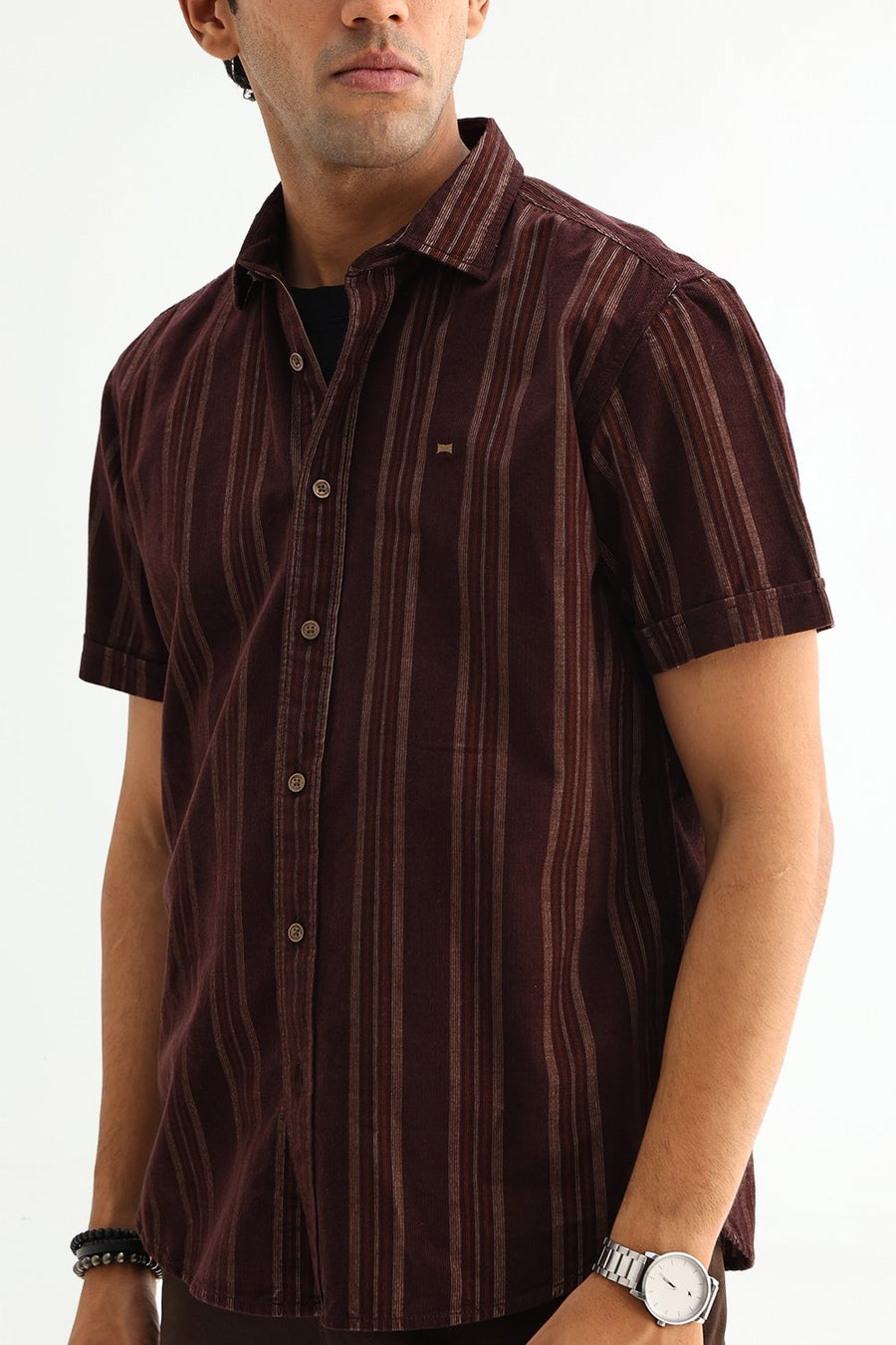 BASICS SLIM FIT CHOCOLATE BROWN COTTON CORDUROY STRIPE SHIRT