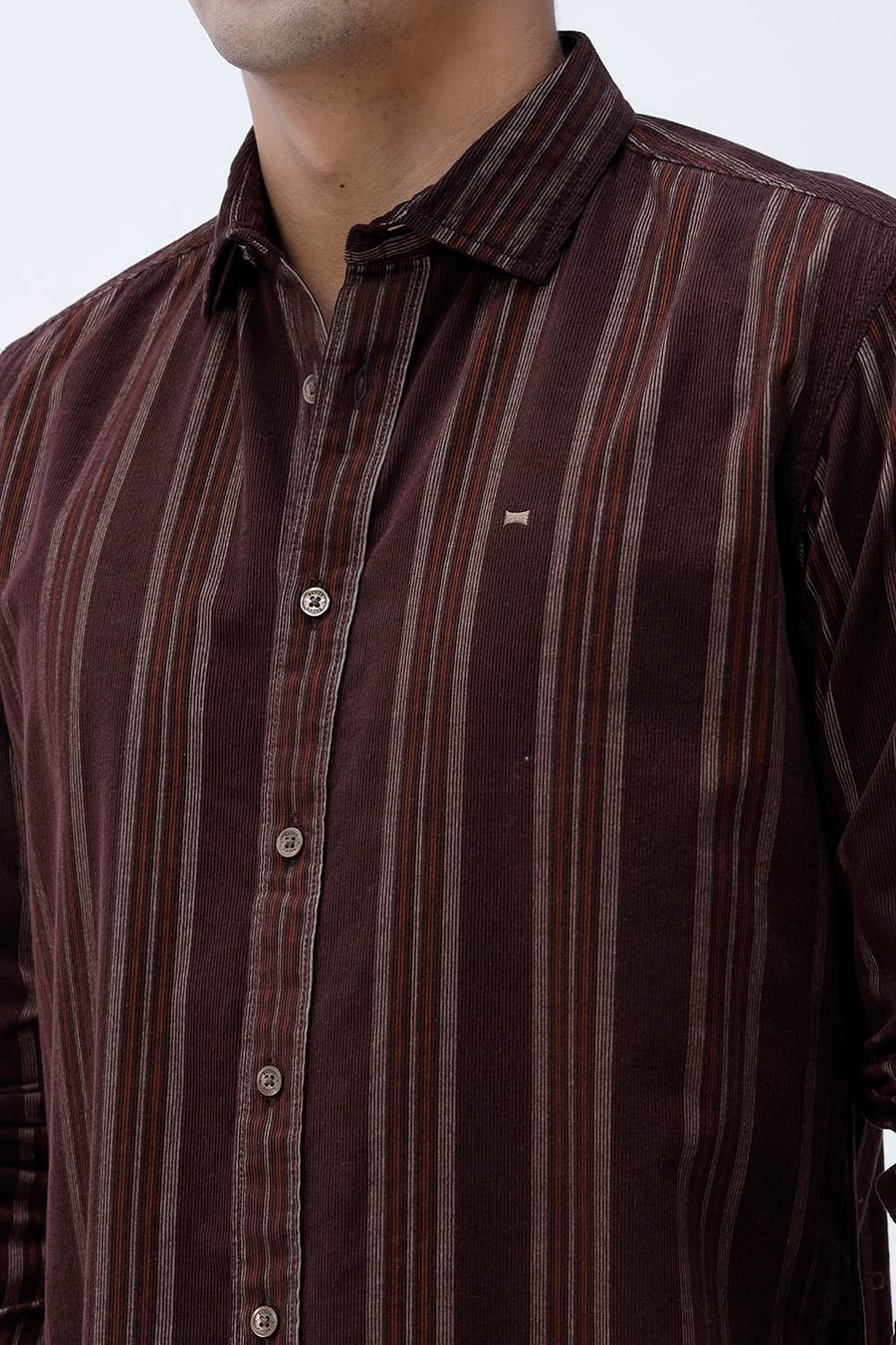 BASICS SLIM FIT CHOCOLATE BROWN COTTON CORDUROY STRIPE SHIRT