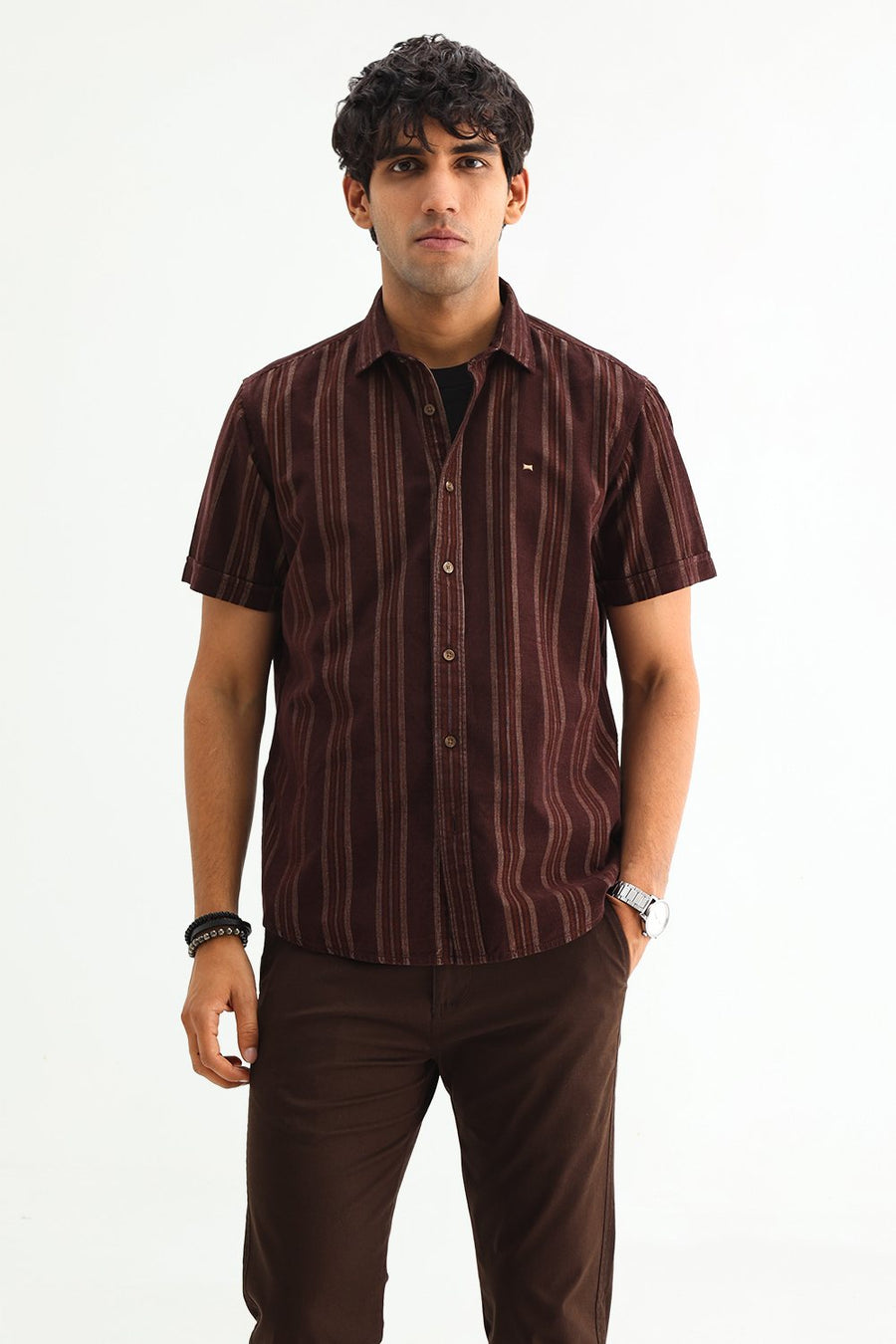 BASICS SLIM FIT CHOCOLATE BROWN COTTON CORDUROY STRIPE SHIRT