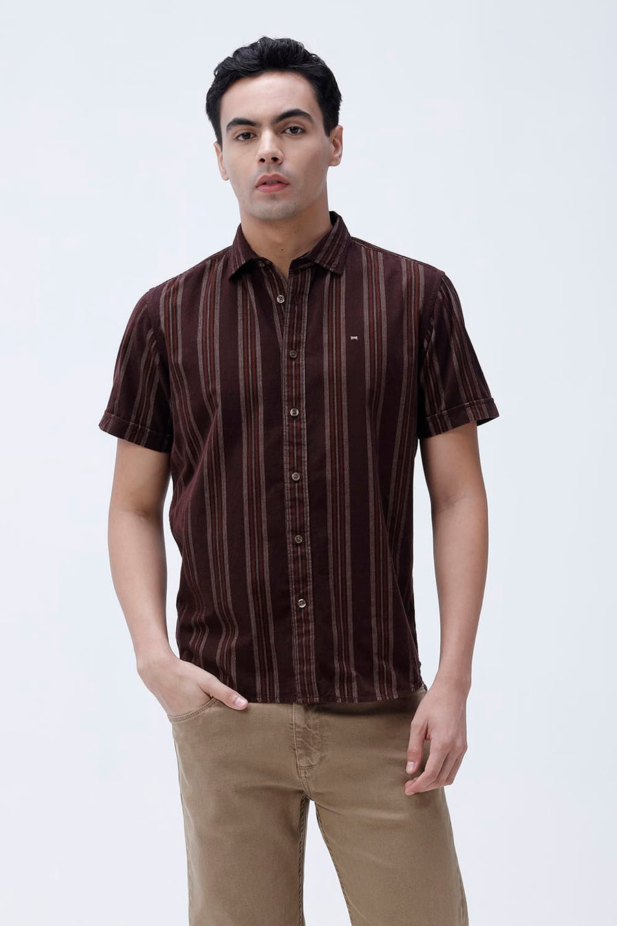 BASICS SLIM FIT CHOCOLATE BROWN COTTON CORDUROY STRIPE HALFSLEEVES SHIRT