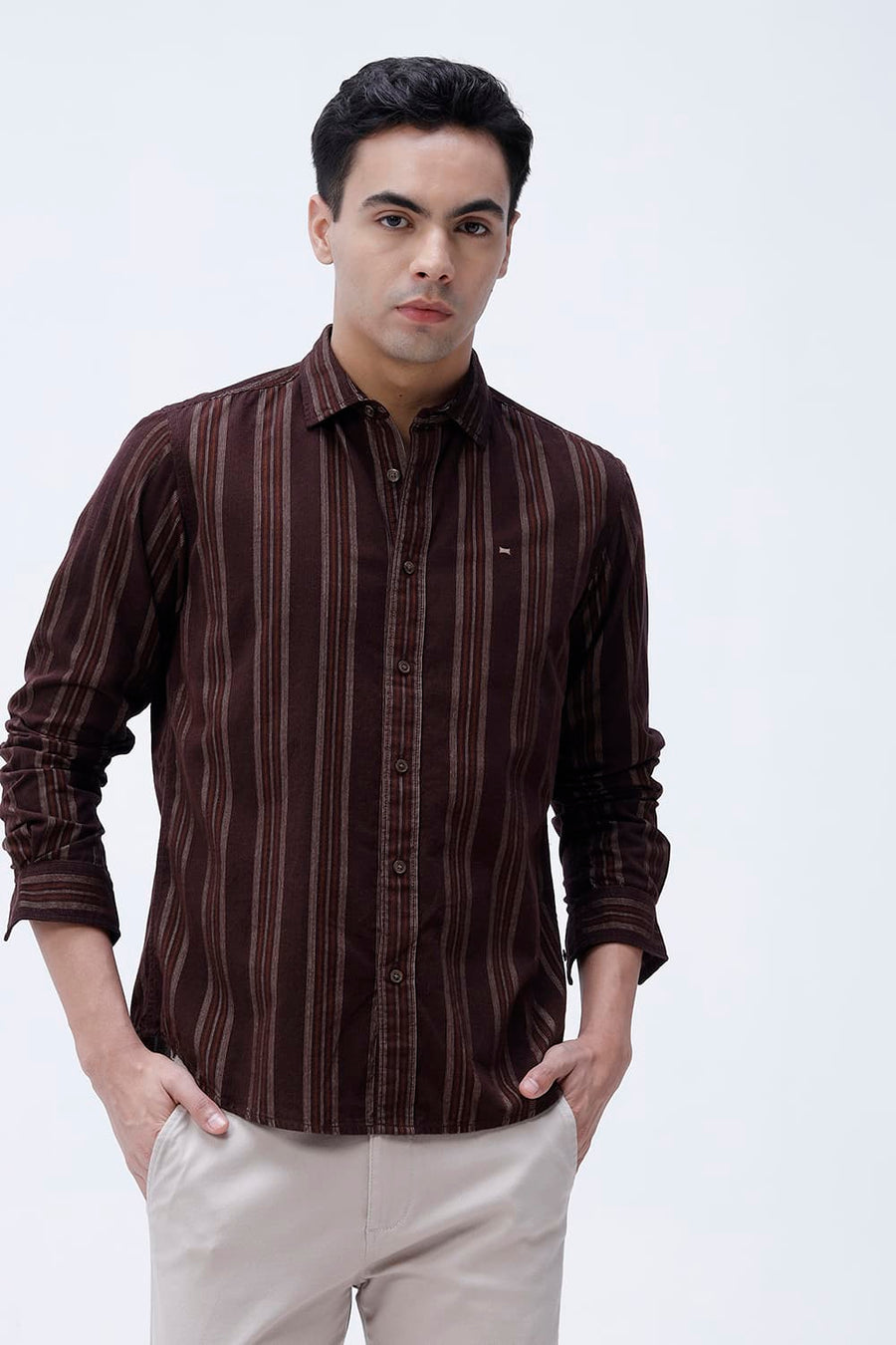 BASICS SLIM FIT CHOCOLATE BROWN COTTON CORDUROY STRIPE SHIRT