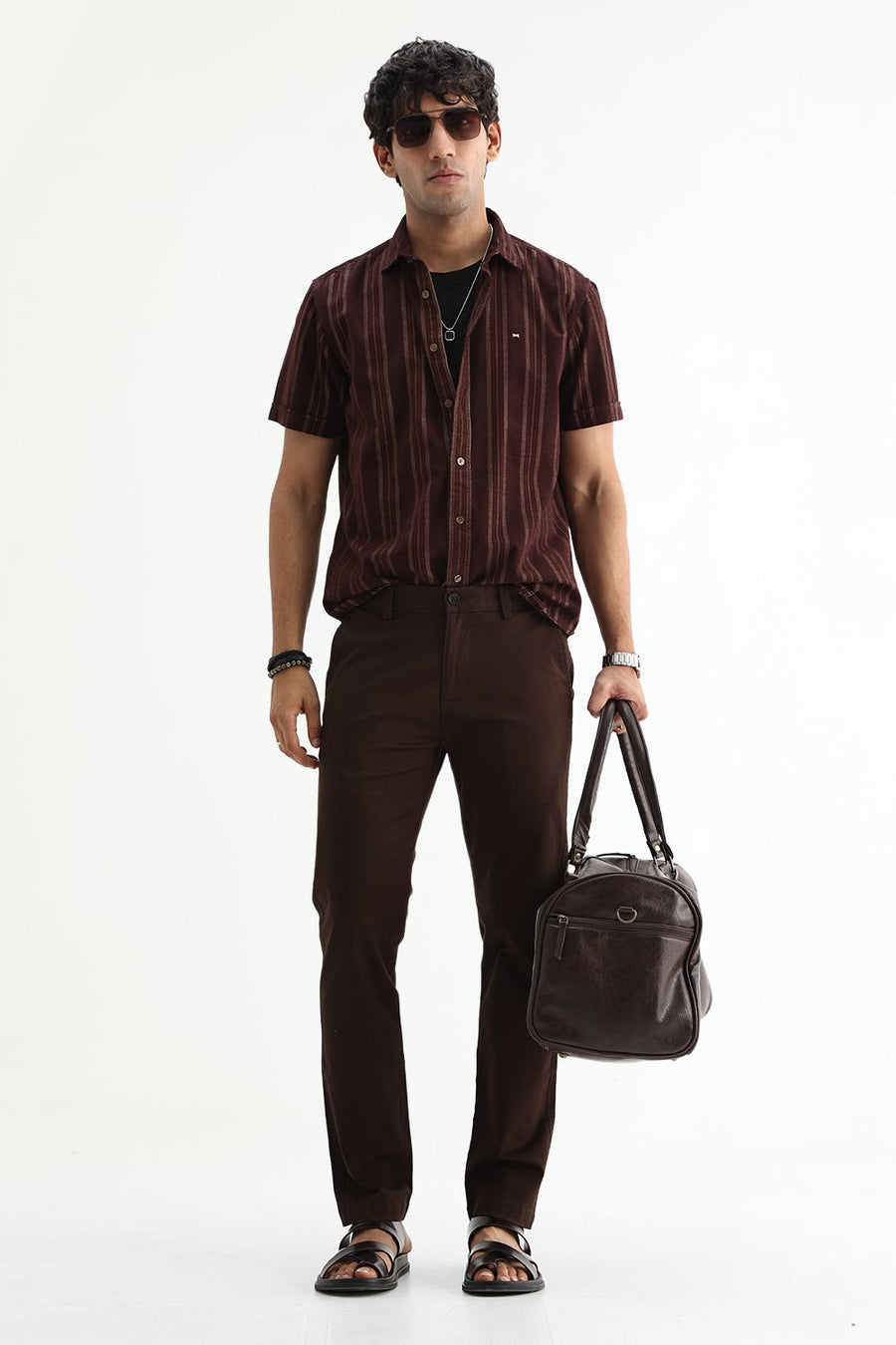 BASICS SLIM FIT CHOCOLATE BROWN COTTON CORDUROY STRIPE SHIRT