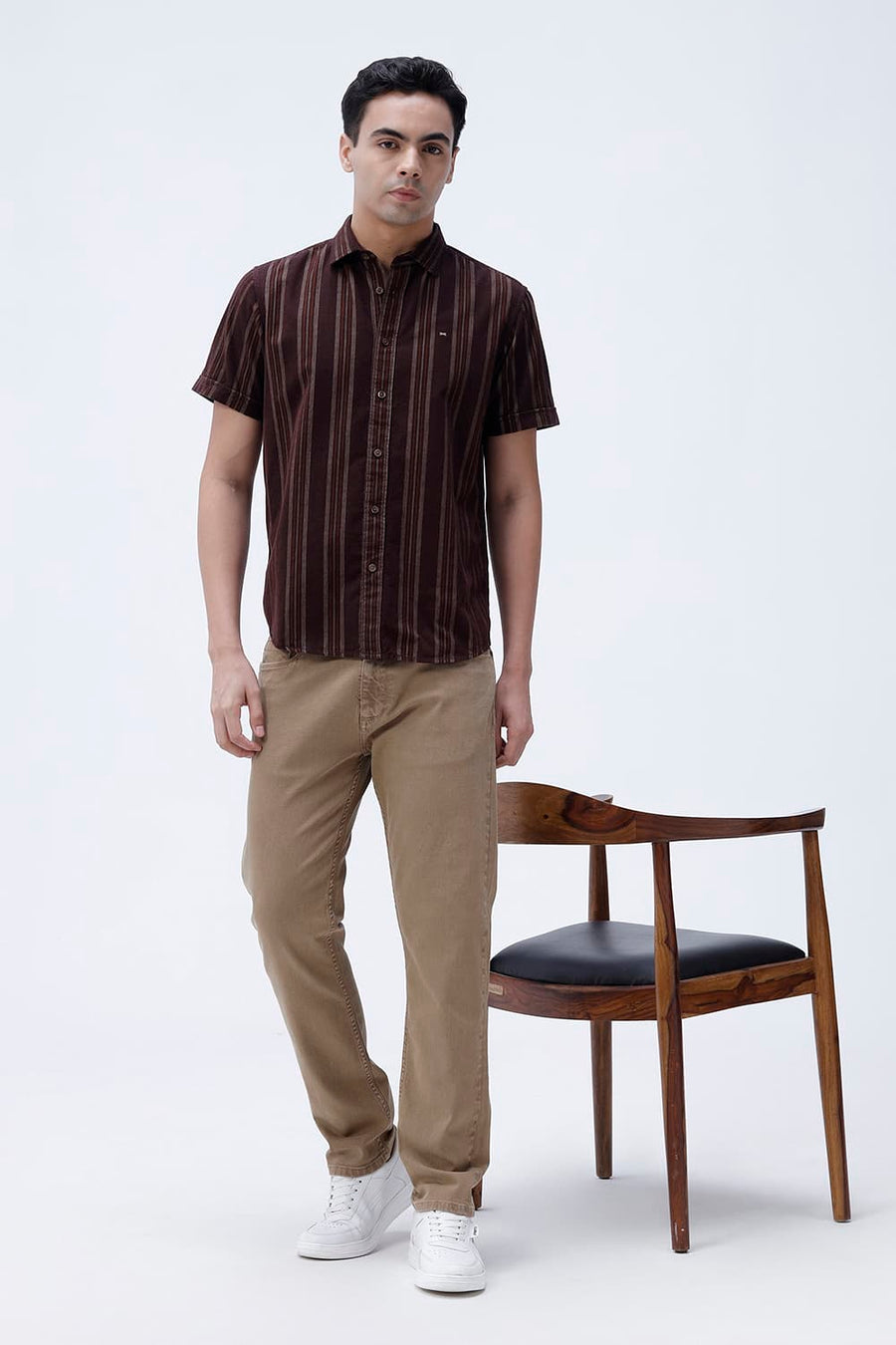 BASICS SLIM FIT CHOCOLATE BROWN COTTON CORDUROY STRIPE HALFSLEEVES SHIRT