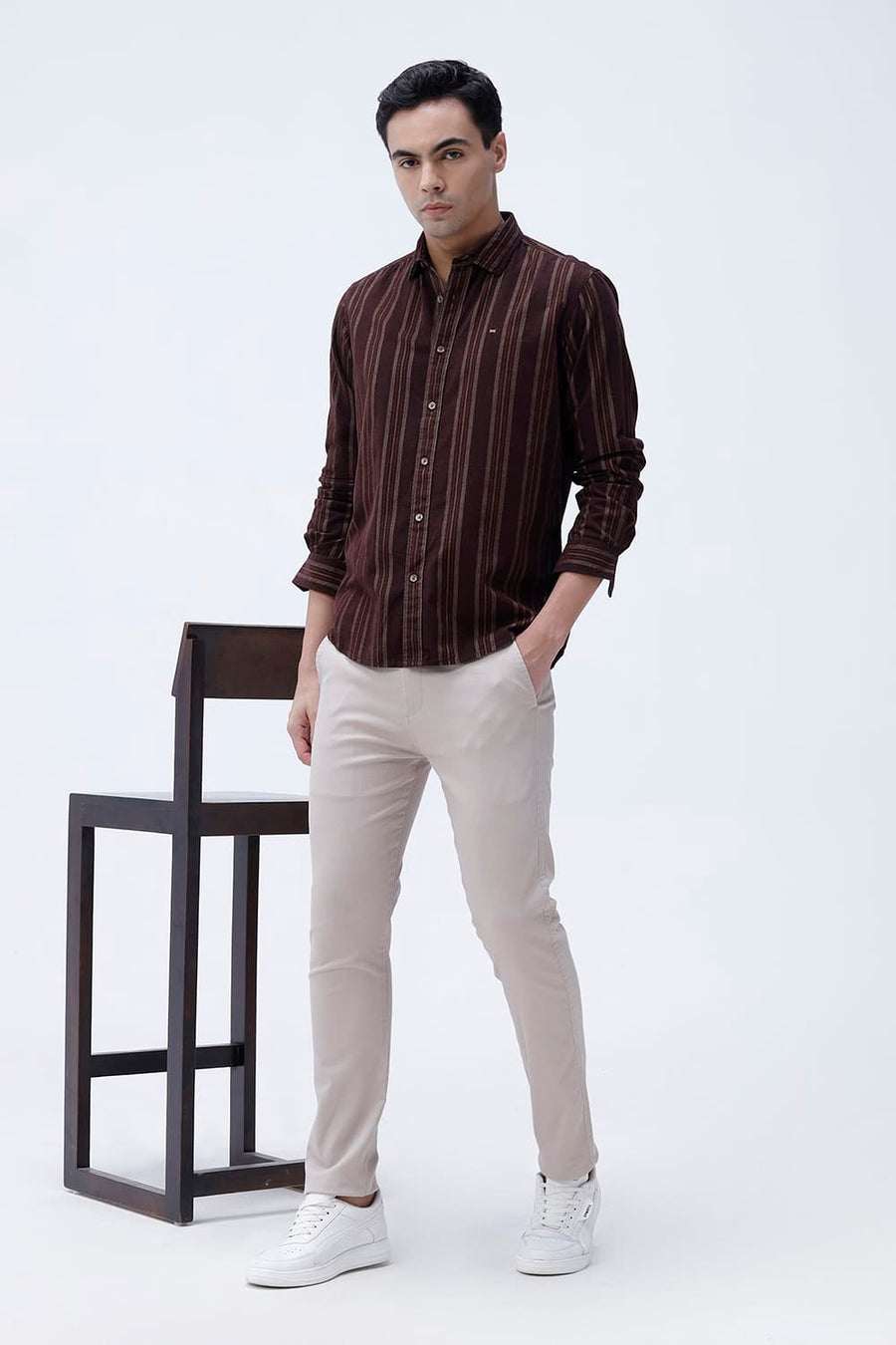 BASICS SLIM FIT CHOCOLATE BROWN COTTON CORDUROY STRIPE SHIRT