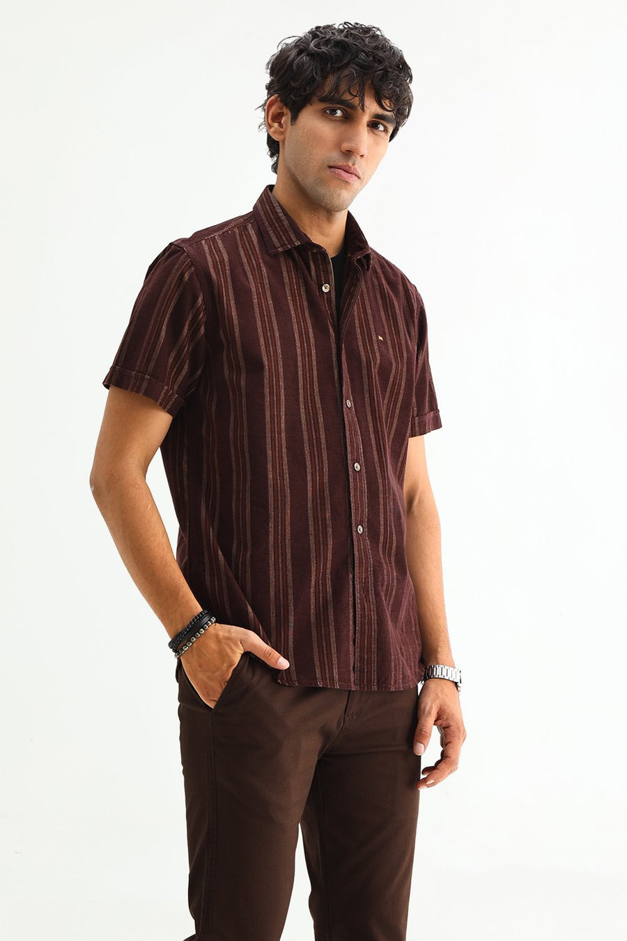 BASICS SLIM FIT CHOCOLATE BROWN COTTON CORDUROY STRIPE SHIRT