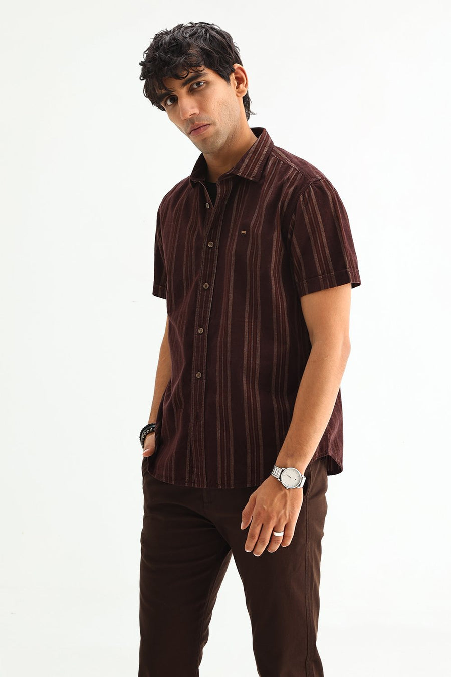 BASICS SLIM FIT CHOCOLATE BROWN COTTON CORDUROY STRIPE SHIRT