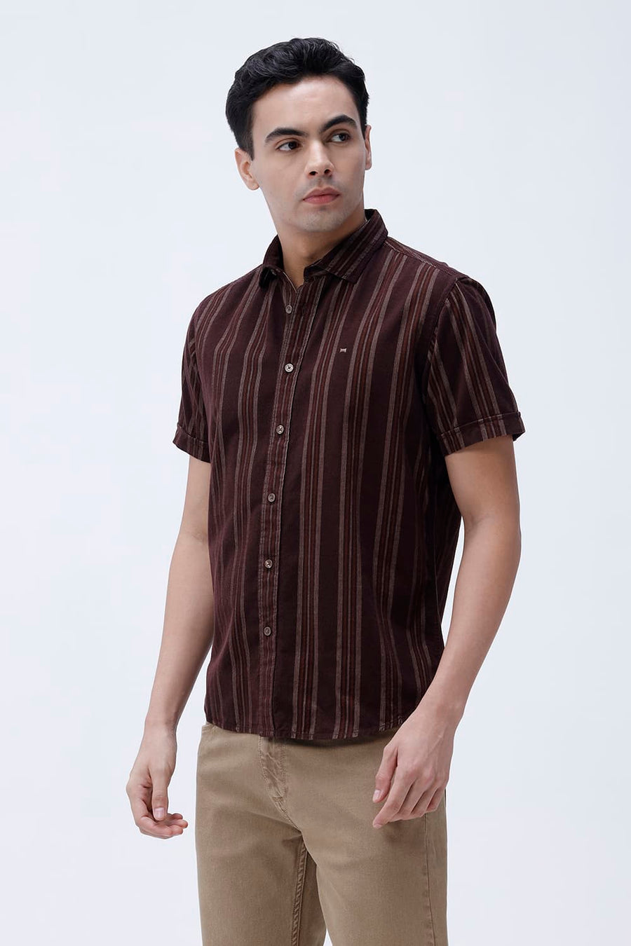 BASICS SLIM FIT CHOCOLATE BROWN COTTON CORDUROY STRIPE HALFSLEEVES SHIRT