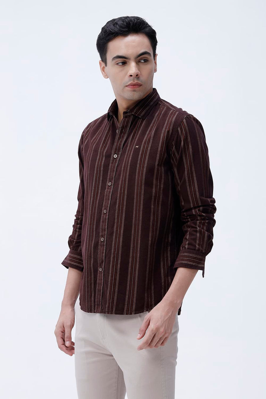 BASICS SLIM FIT CHOCOLATE BROWN COTTON CORDUROY STRIPE SHIRT