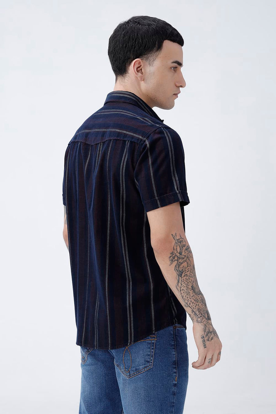 BASICS SLIM FIT NAVY ECLIPSE COTTON CORDUROY STRIPE HALFSLEEVES SHIRT