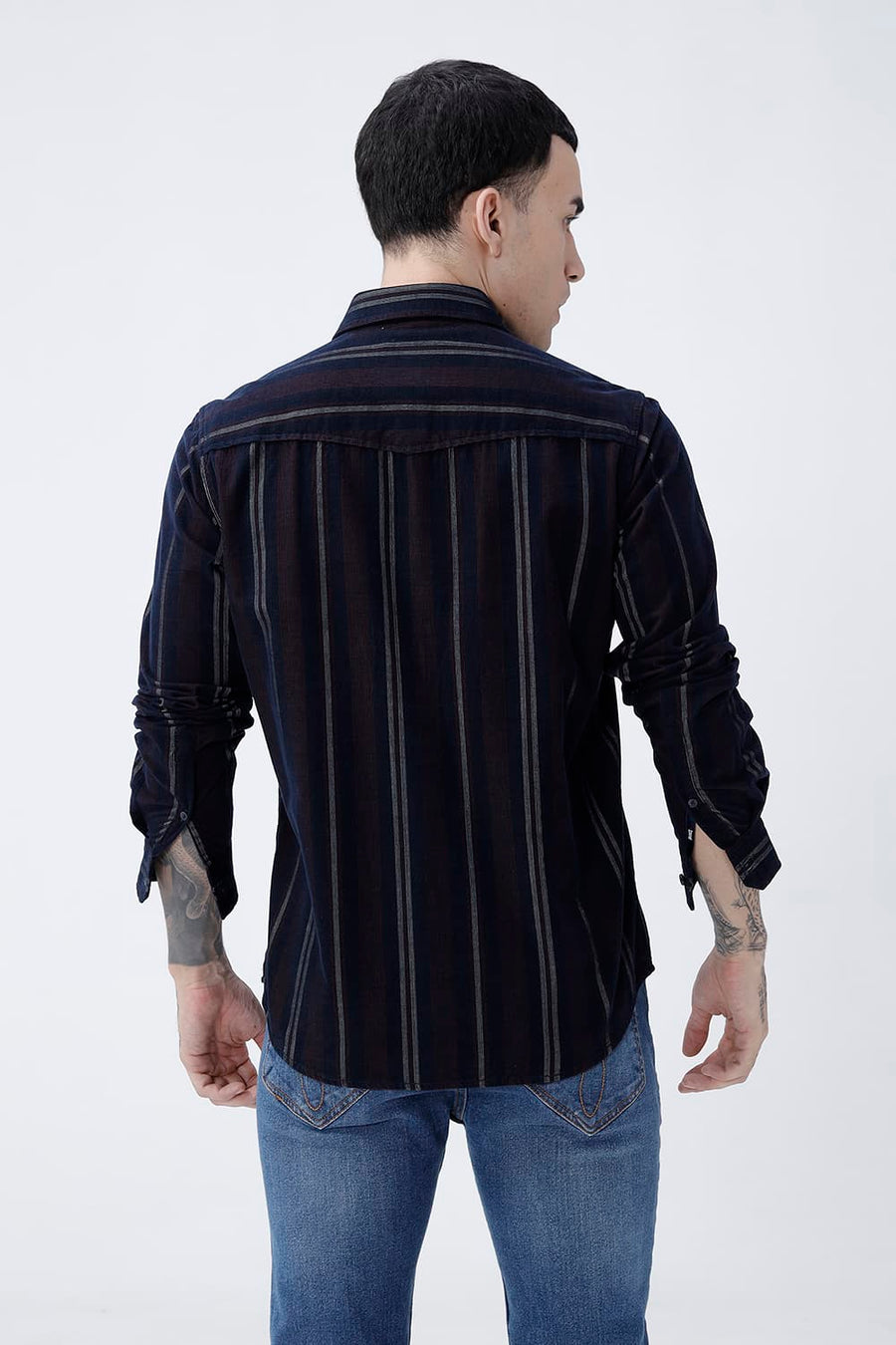 BASICS SLIM FIT NAVY ECLIPSE COTTON CORDUROY STRIPE SHIRT