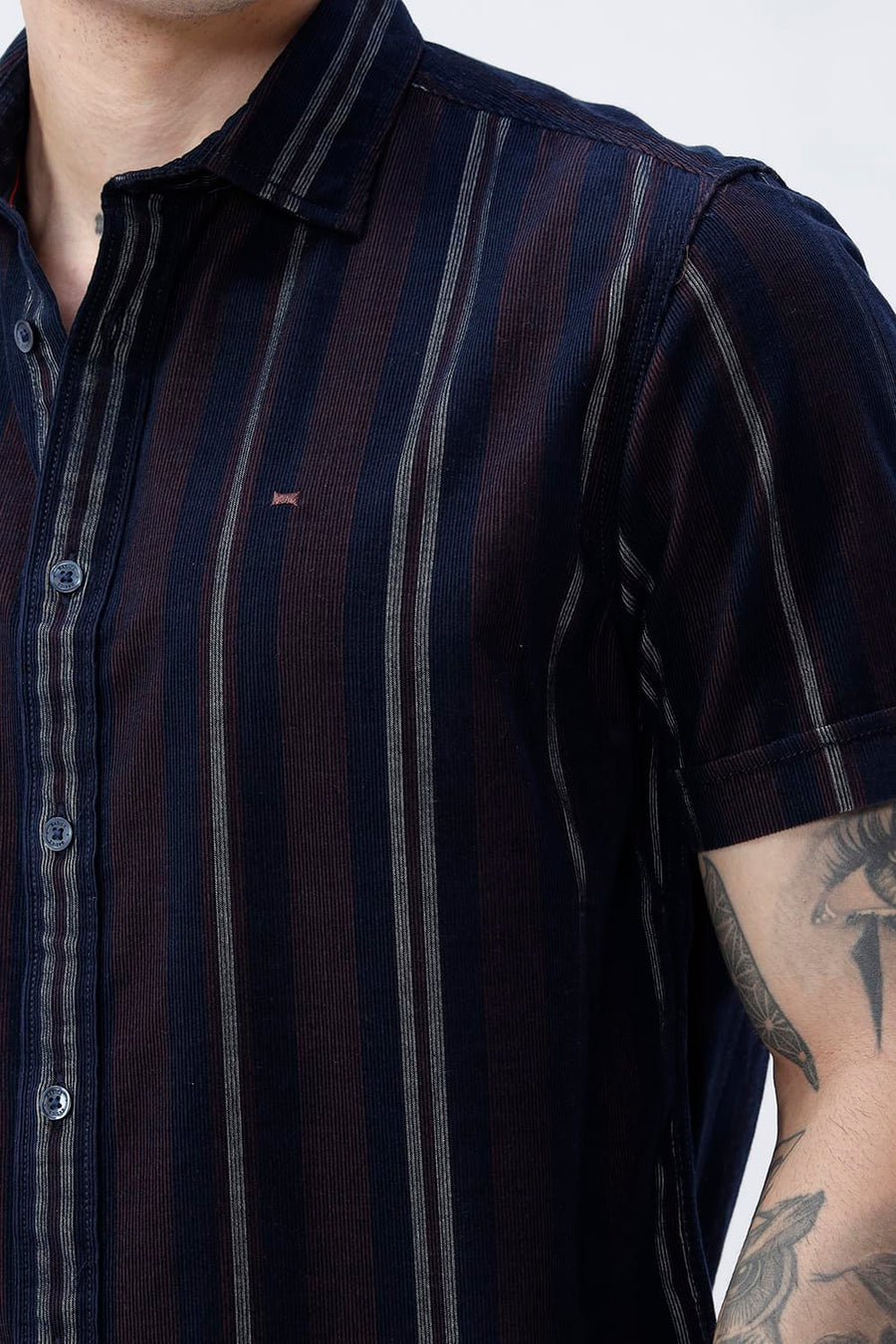 BASICS SLIM FIT NAVY ECLIPSE COTTON CORDUROY STRIPE HALFSLEEVES SHIRT