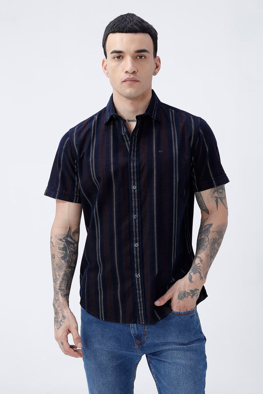 BASICS SLIM FIT NAVY ECLIPSE COTTON CORDUROY STRIPE HALFSLEEVES SHIRT