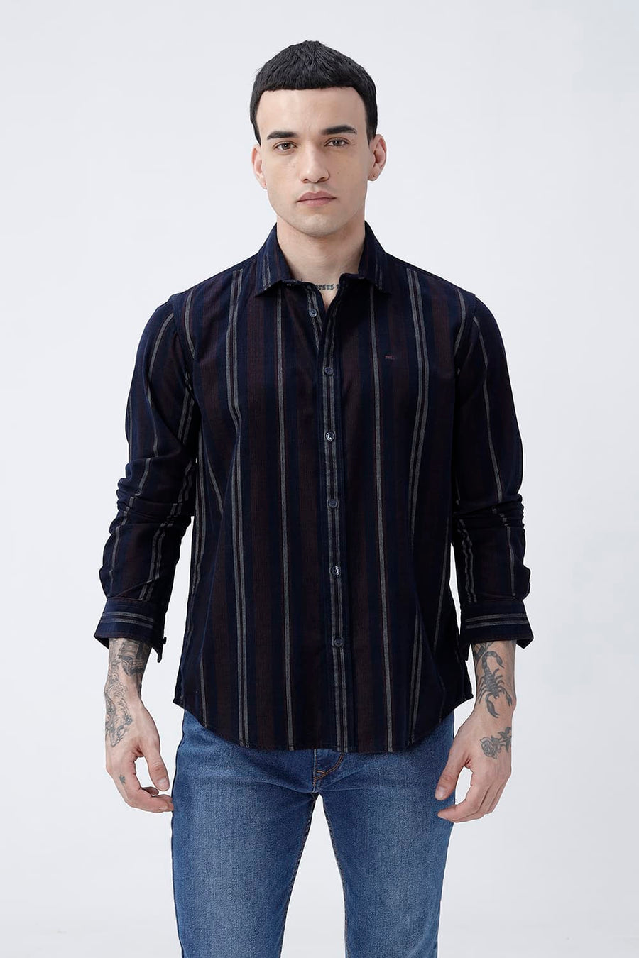 BASICS SLIM FIT NAVY ECLIPSE COTTON CORDUROY STRIPE SHIRT