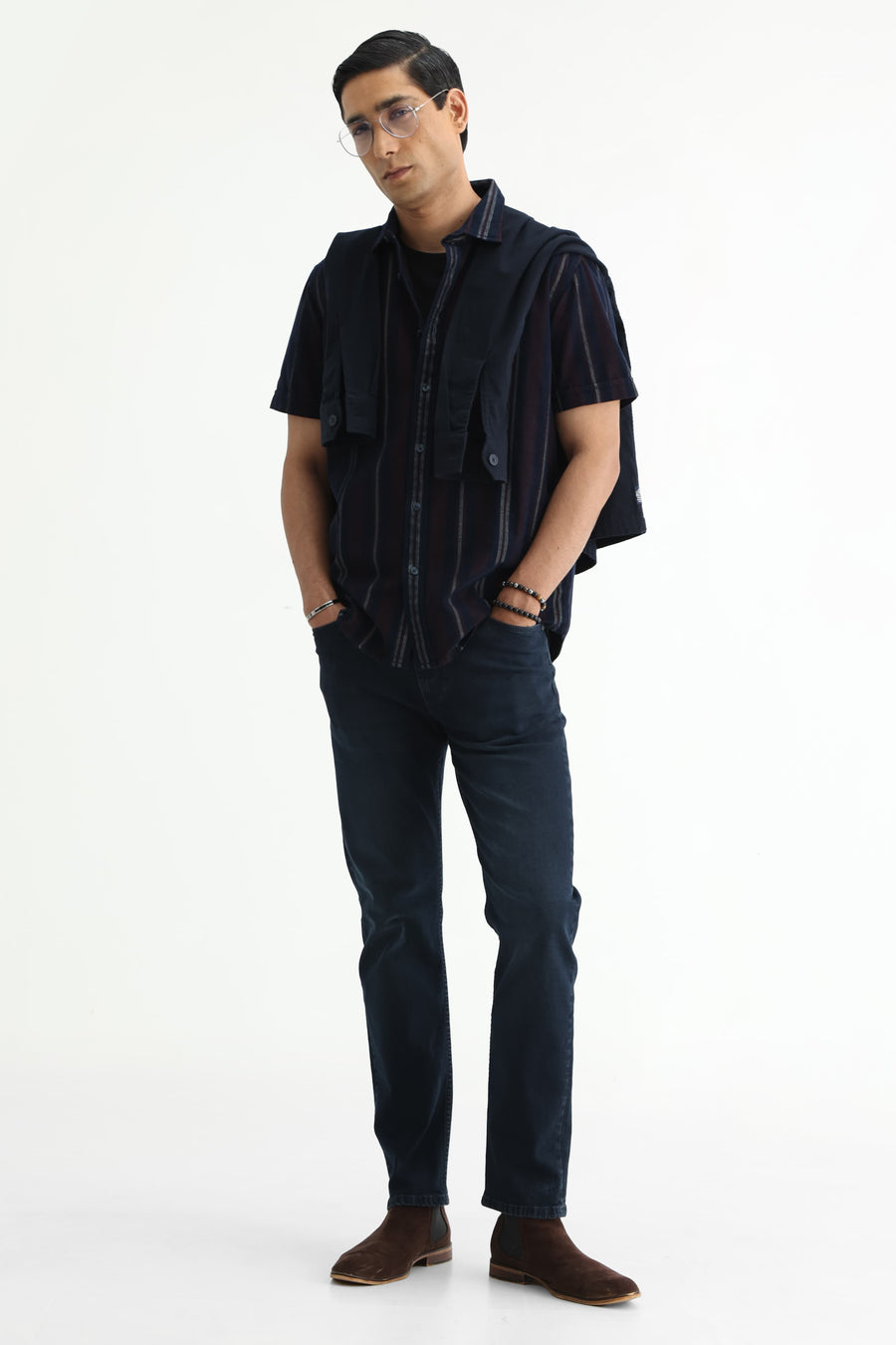BASICS SLIM FIT NAVY ECLIPSE COTTON CORDUROY STRIPE SHIRT