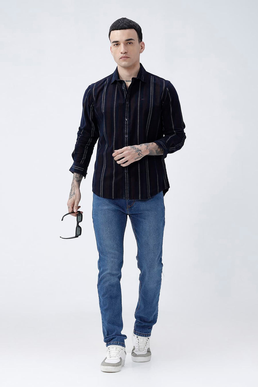BASICS SLIM FIT NAVY ECLIPSE COTTON CORDUROY STRIPE SHIRT