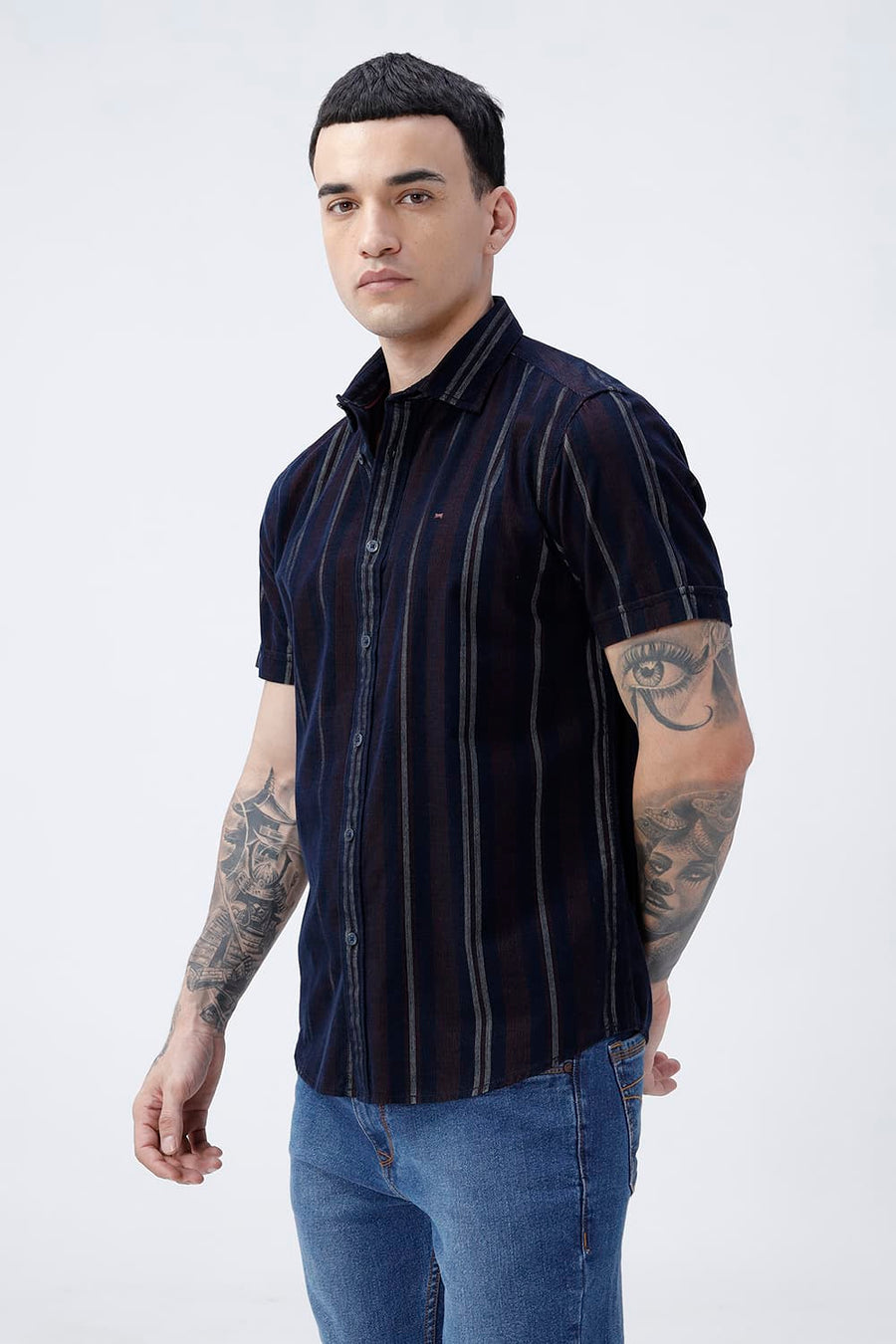 BASICS SLIM FIT NAVY ECLIPSE COTTON CORDUROY STRIPE HALFSLEEVES SHIRT