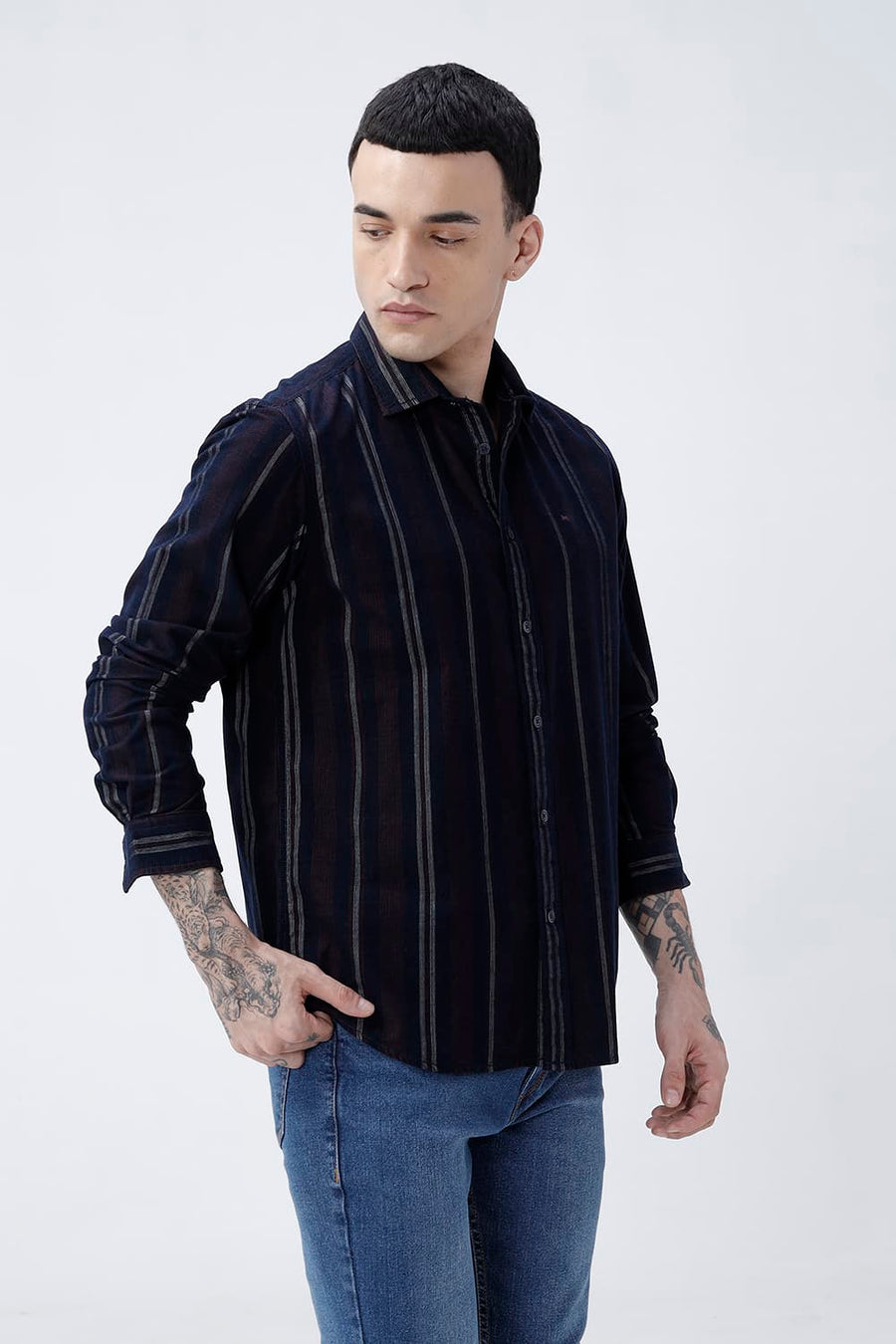 BASICS SLIM FIT NAVY ECLIPSE COTTON CORDUROY STRIPE SHIRT