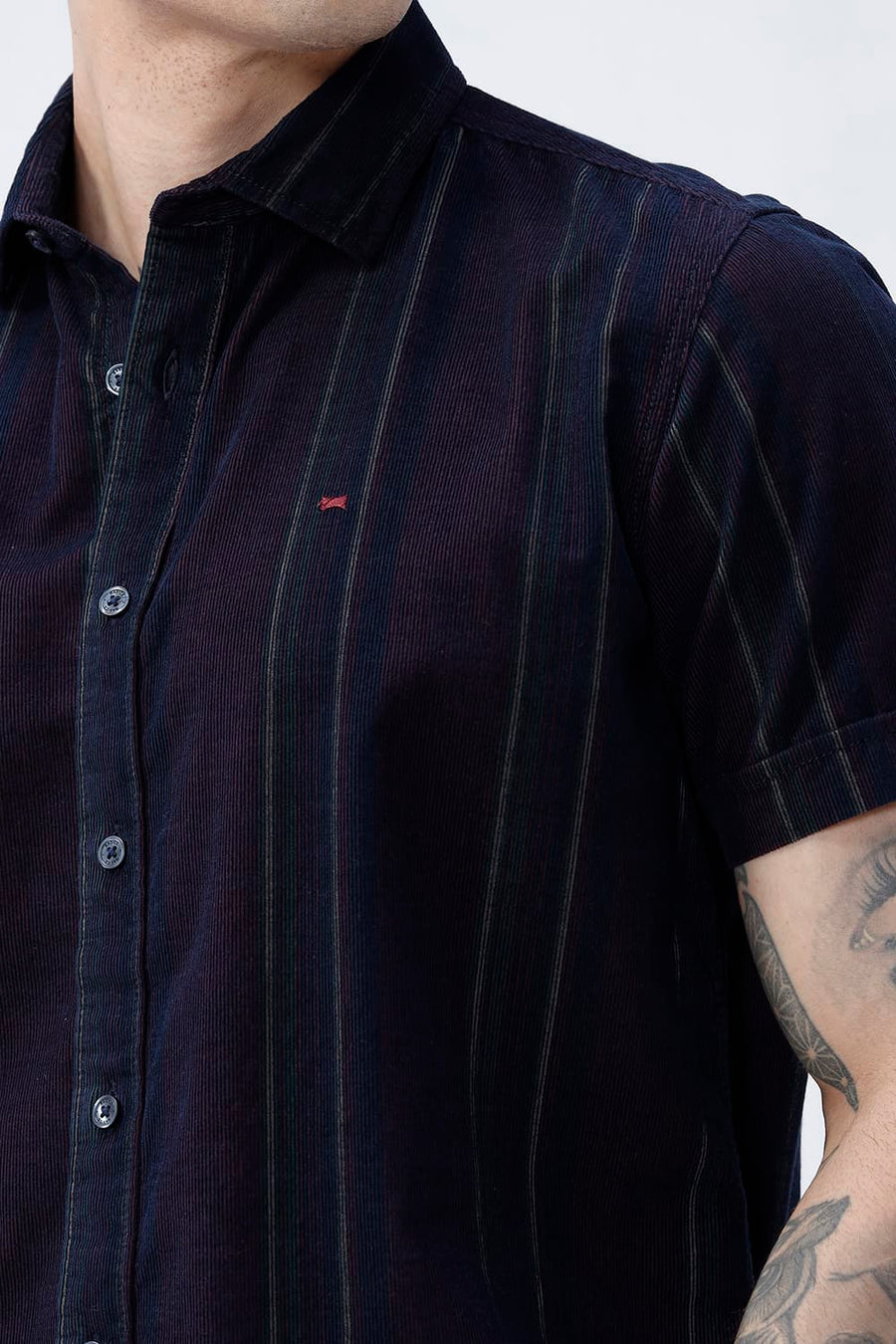 BASICS SLIM FIT MAROON ECLIPSE COTTON CORDUROY STRIPE HALFSLEEVES SHIRT