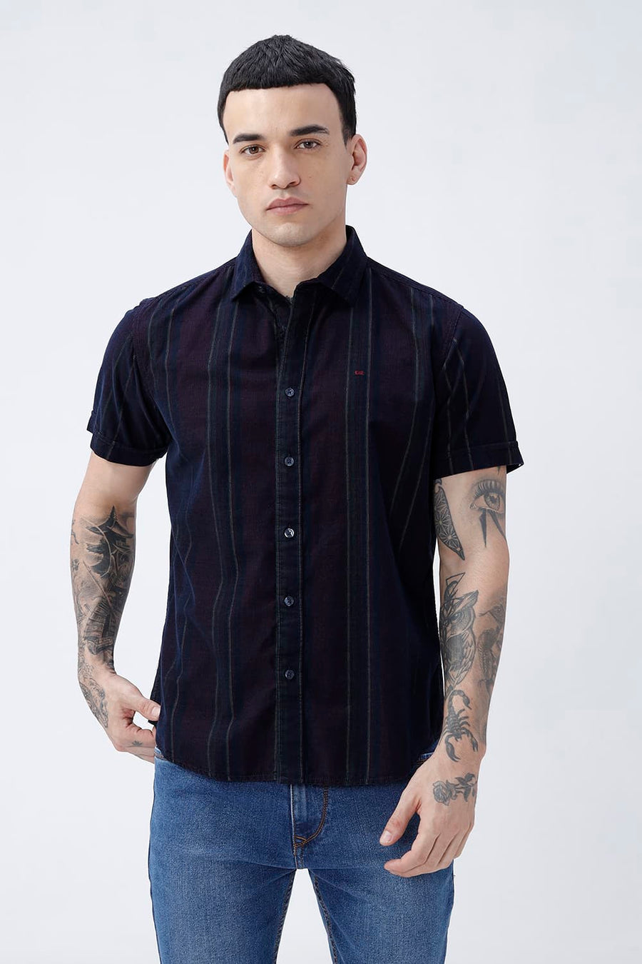 BASICS SLIM FIT MAROON ECLIPSE COTTON CORDUROY STRIPE HALFSLEEVES SHIRT