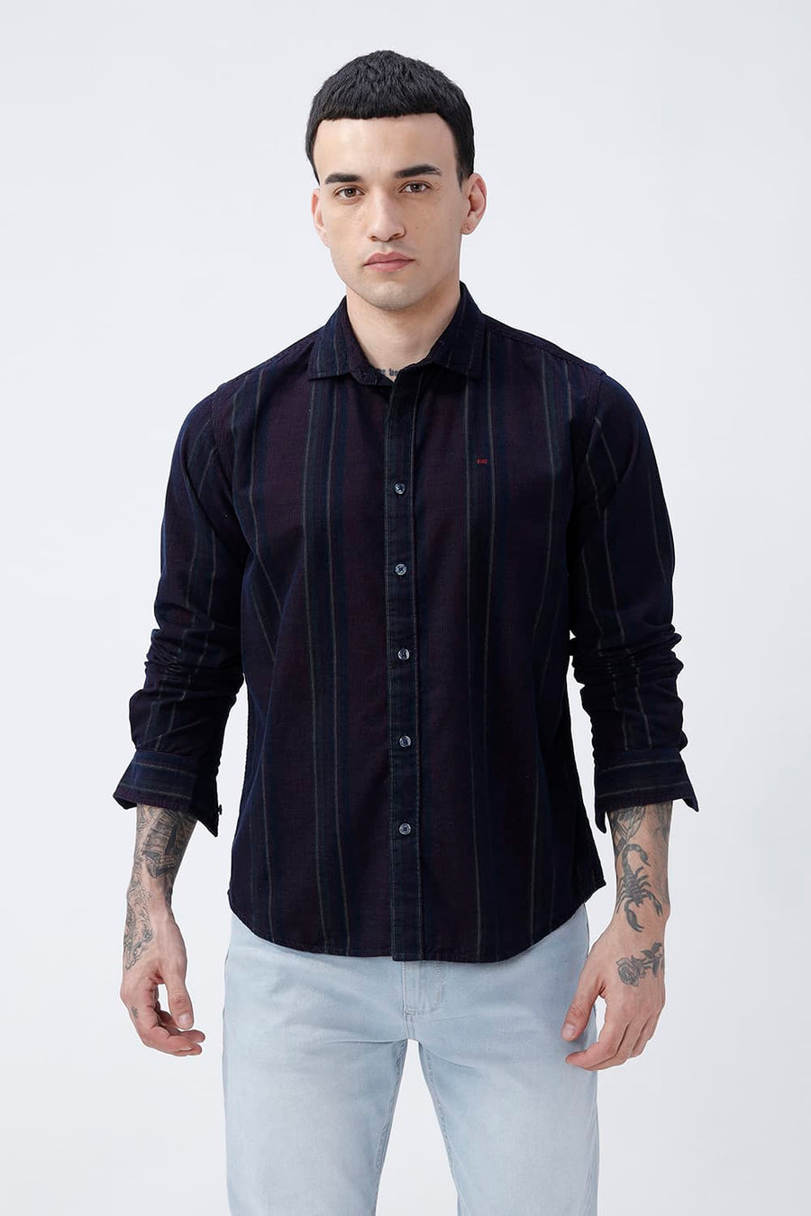 BASICS SLIM FIT MAROON ECLIPSE COTTON CORDUROY STRIPE SHIRT
