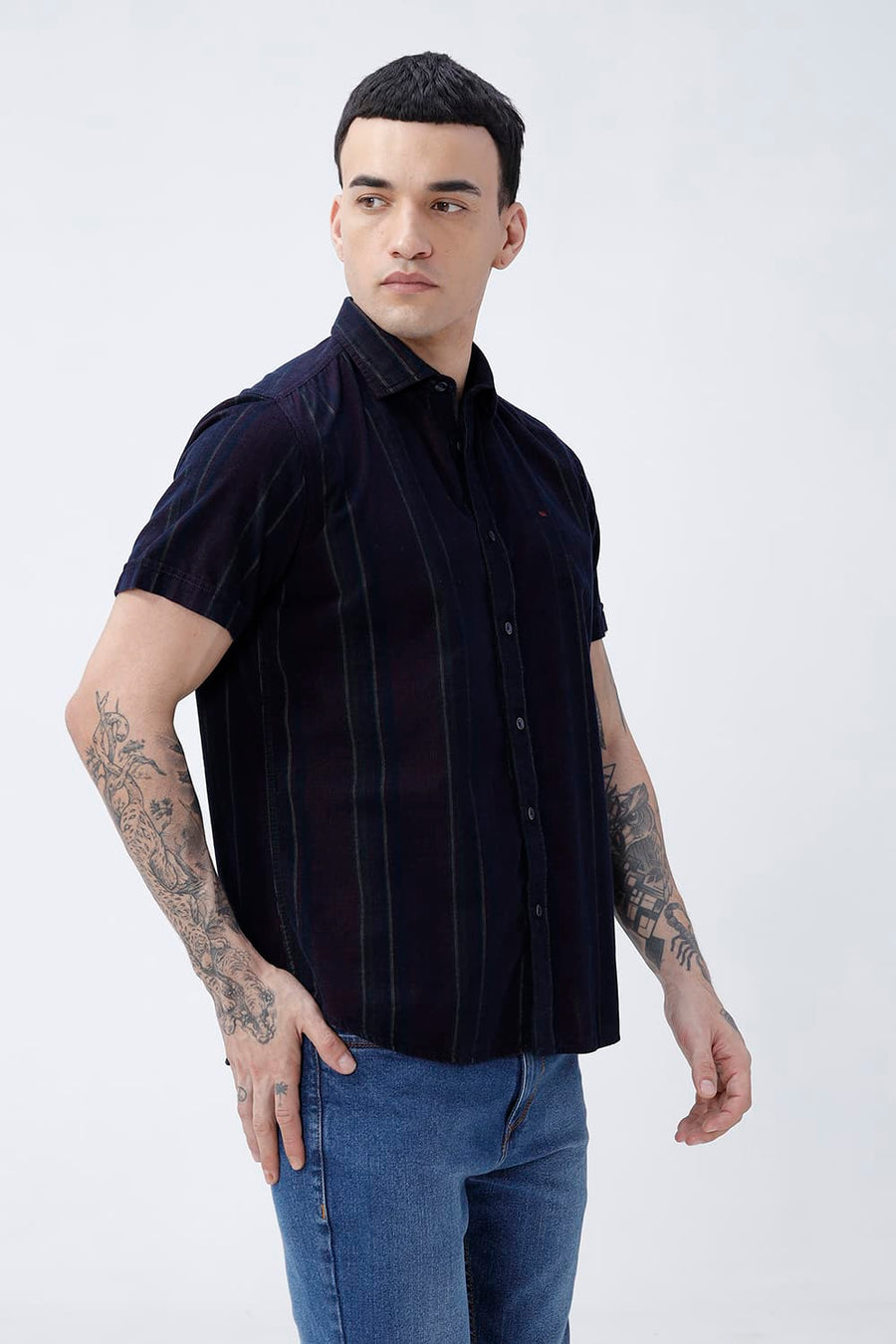 BASICS SLIM FIT MAROON ECLIPSE COTTON CORDUROY STRIPE HALFSLEEVES SHIRT
