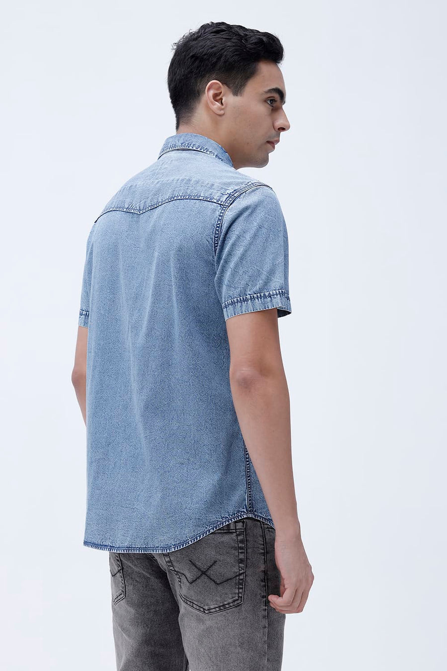 BASICS SLIM FIT BLUE SHADOW COTTON INDIGO HALFSLEEVES SHIRT