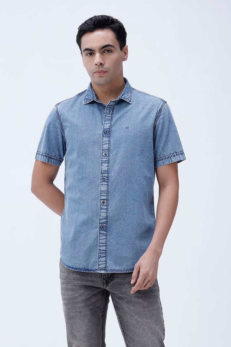 BASICS SLIM FIT BLUE SHADOW COTTON INDIGO HALFSLEEVES SHIRT