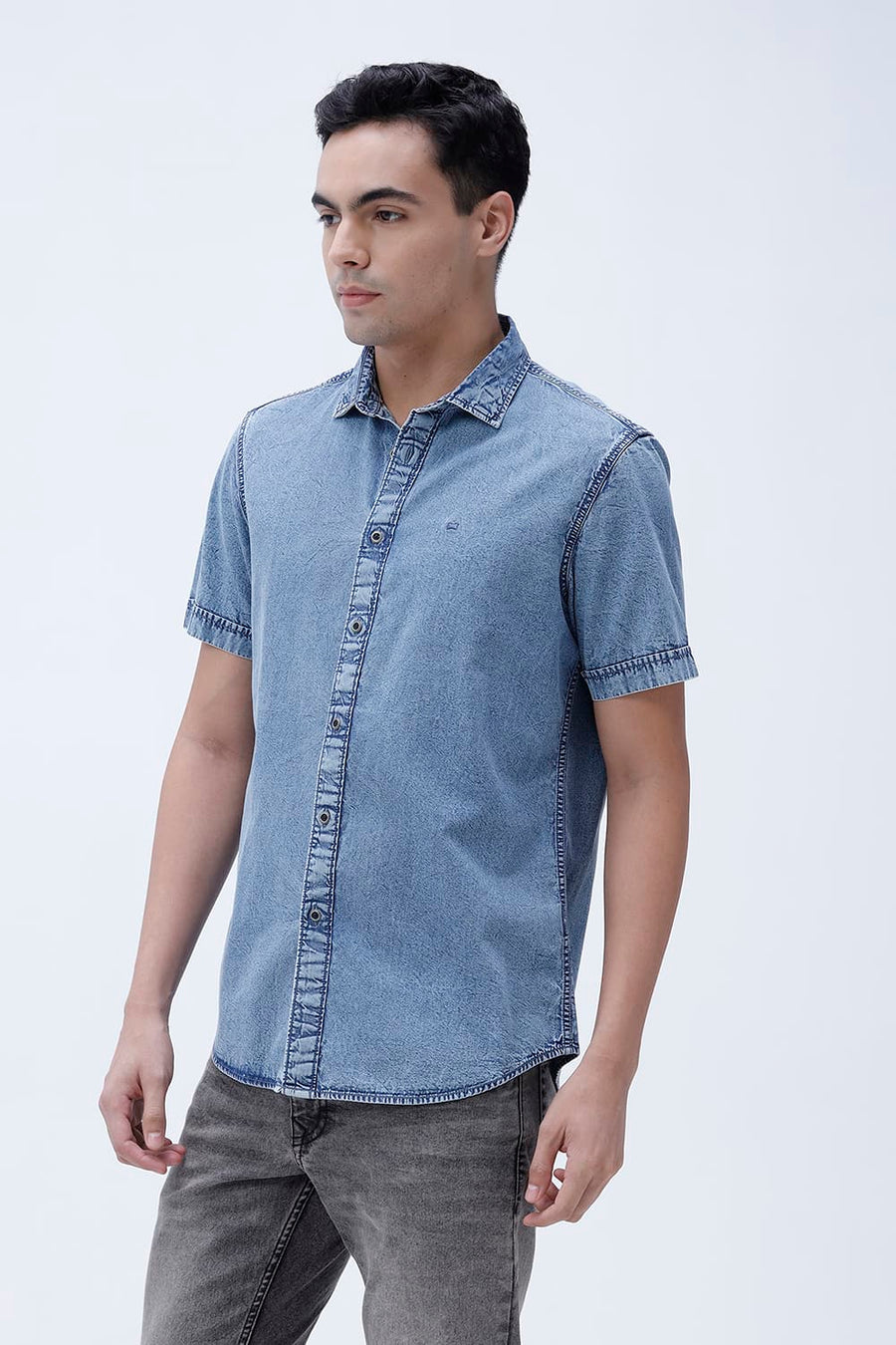 BASICS SLIM FIT BLUE SHADOW COTTON INDIGO HALFSLEEVES SHIRT