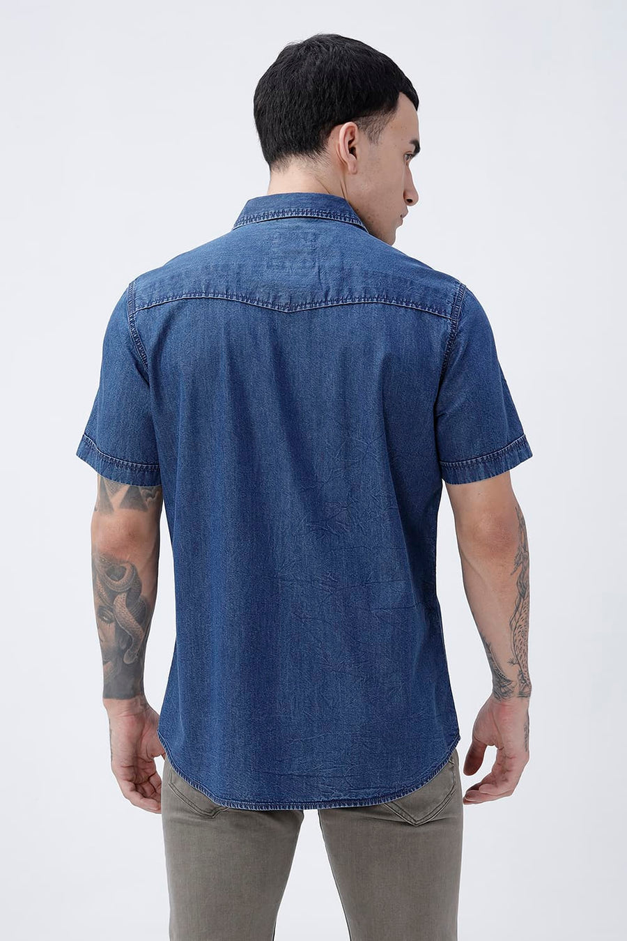 BASICS SLIM FIT VINTAGE BLUE COTTON INDIGO HALFSLEEVES SHIRT