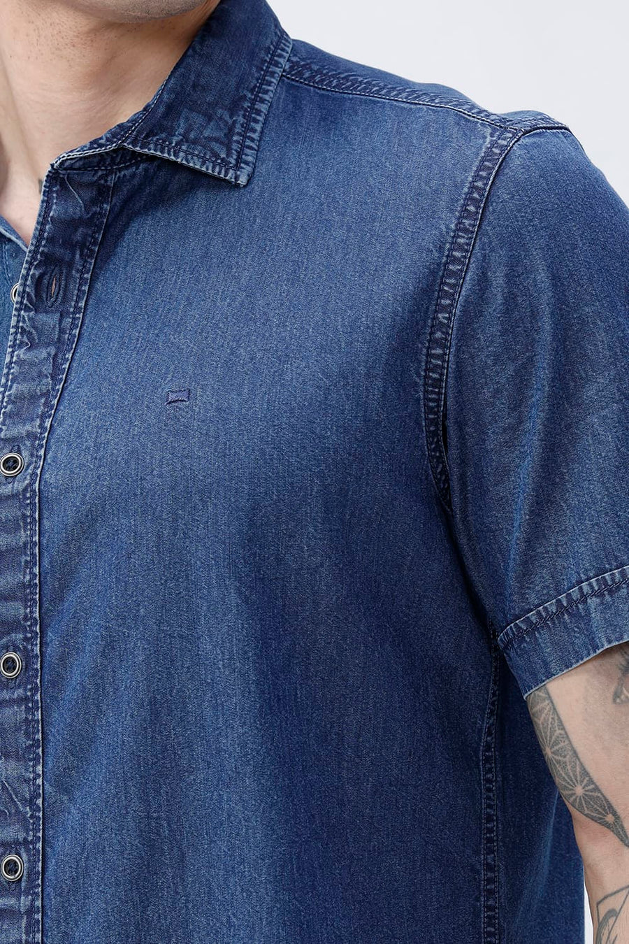 BASICS SLIM FIT VINTAGE BLUE COTTON INDIGO HALFSLEEVES SHIRT