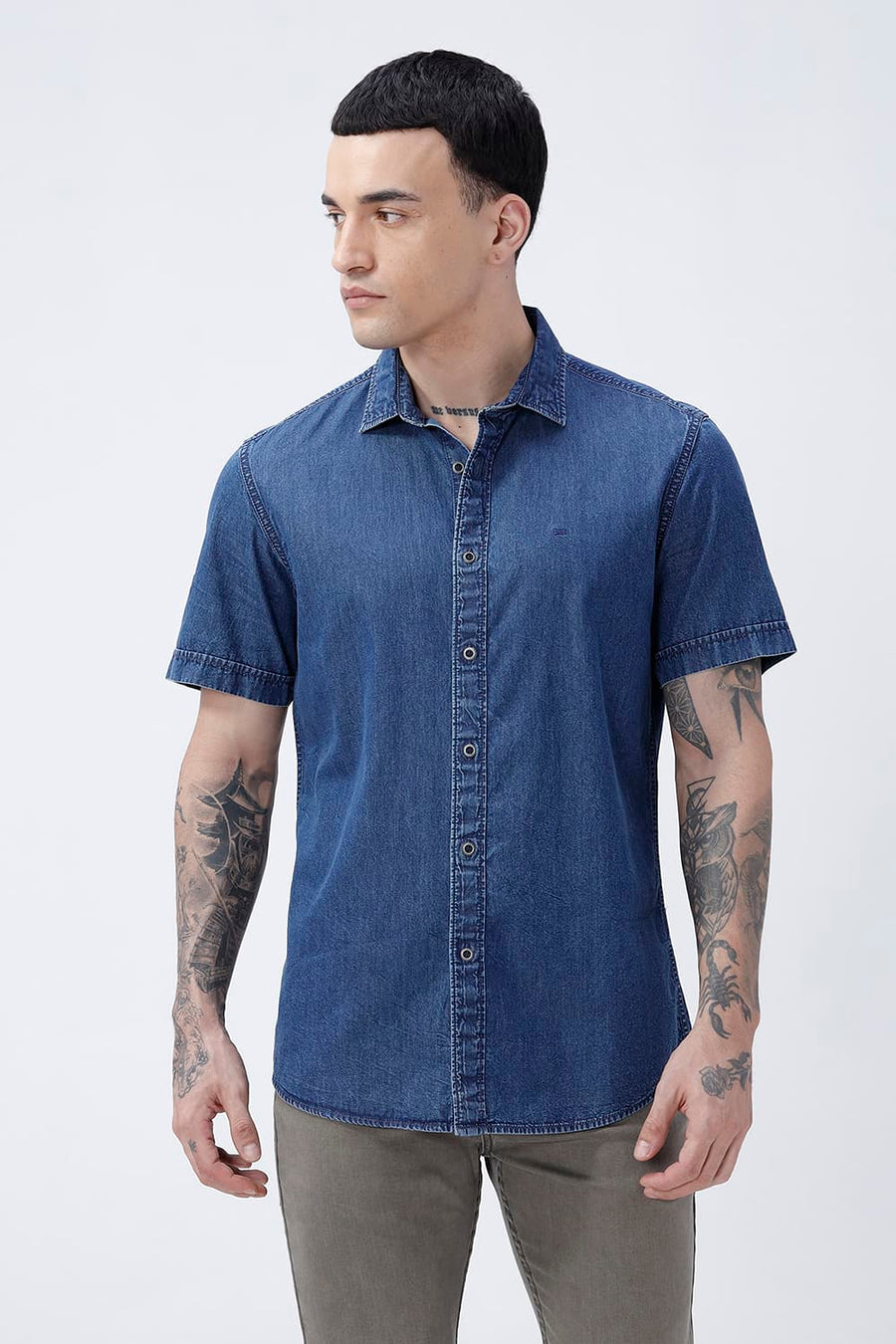 BASICS SLIM FIT VINTAGE BLUE COTTON INDIGO HALFSLEEVES SHIRT